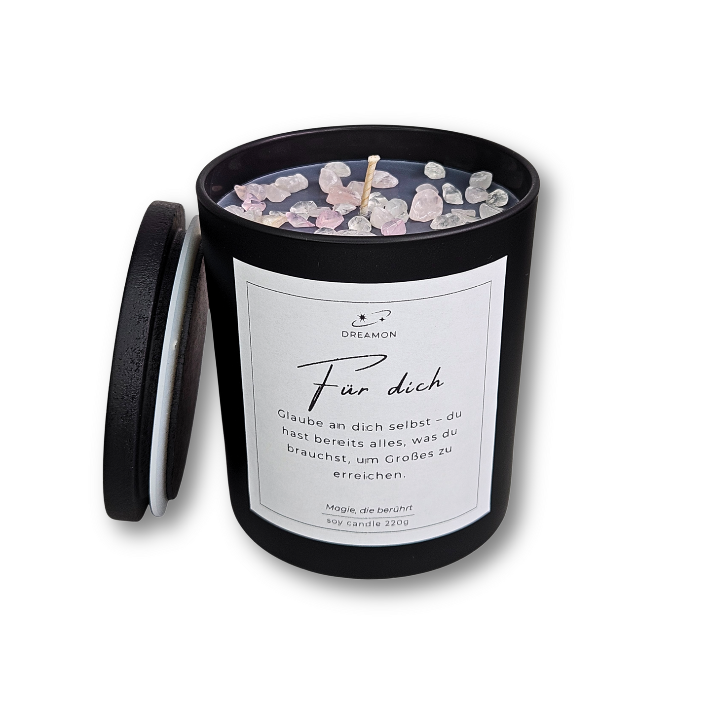 Intuitionskerze „Für dich“ im schwarzen Glas mit Heilsteinen (Rosenquarz, weißer Quarz), Zitatetikett und Holzdeckel.