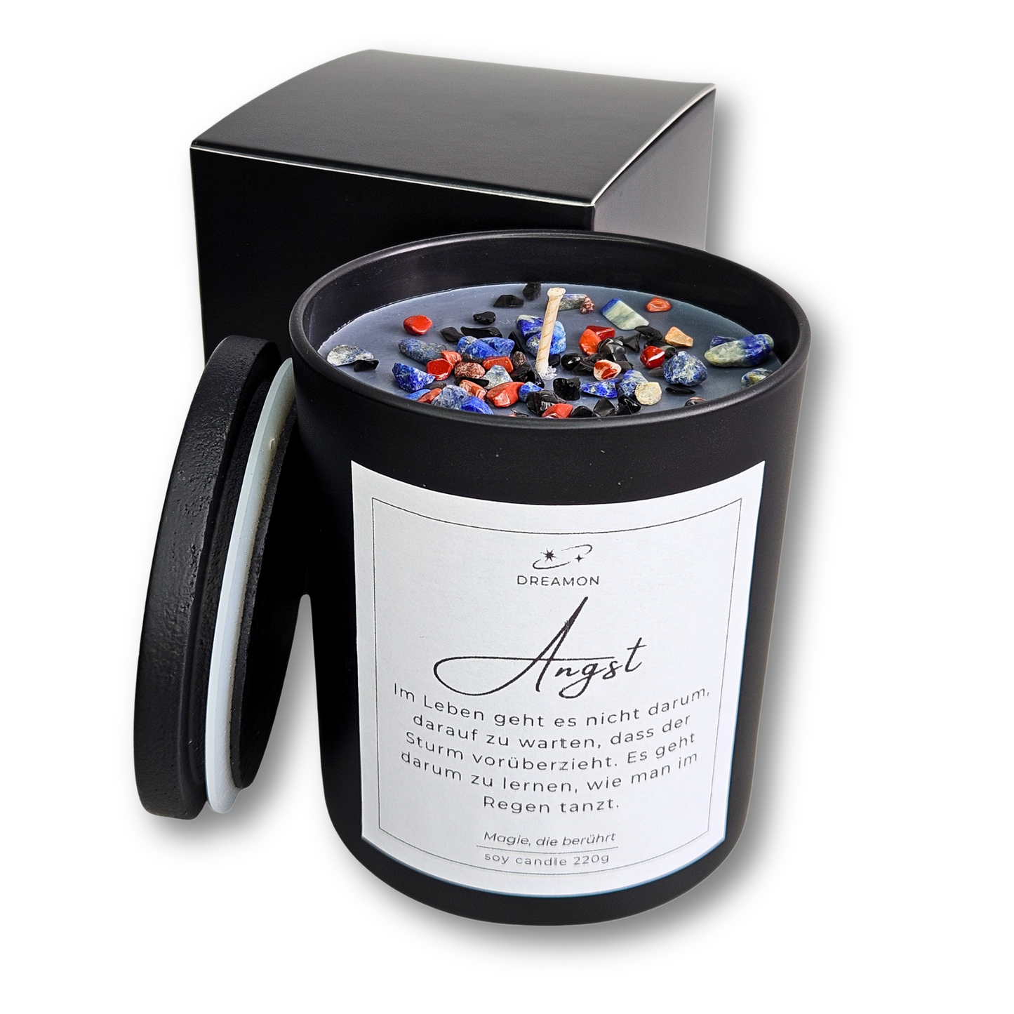 Handgemachte Intuitionskerze „Angst“ von DreamOn im schwarzen Glas mit Deckel,  Lapislazuli, rotem Jaspis und schwarzem Obsidian, 220g Sojawachs.