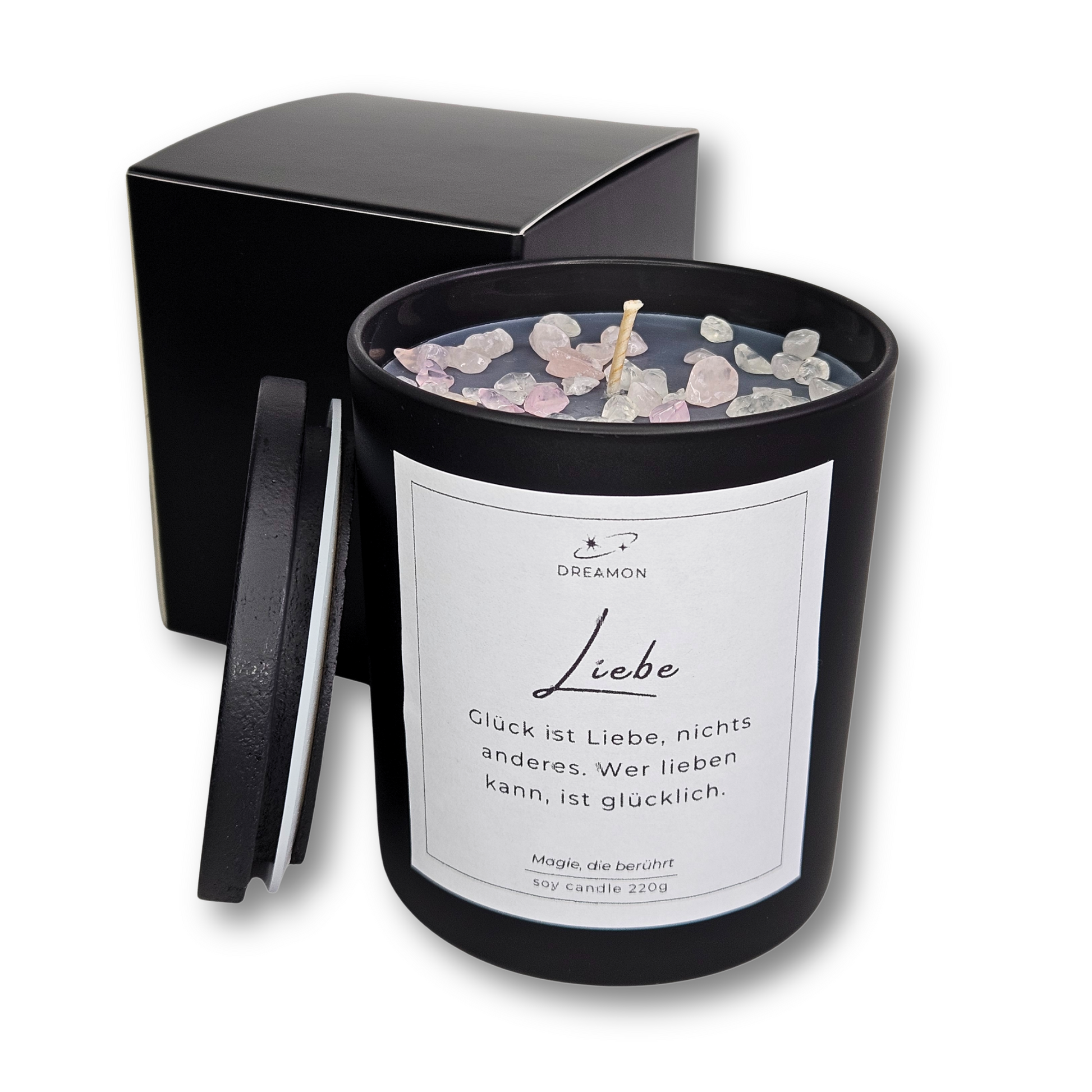 Handgemachte Intuitionskerze „Liebe“ von DreamOn im schwarzen Glas mit Deckel, Rosenquarz und weißem Quarz, 220g Sojawachs.
