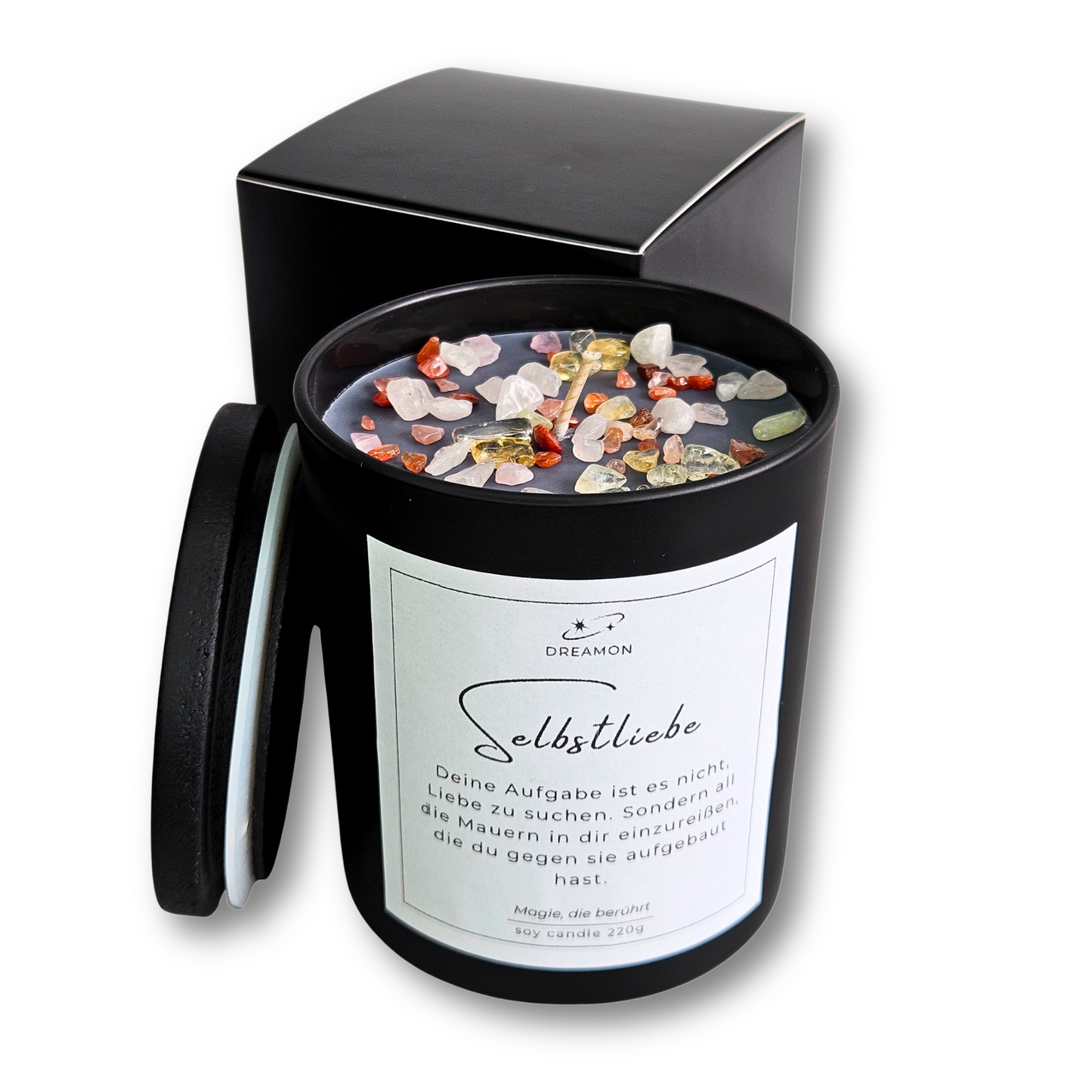 Handgemachte Intuitionskerze „Selbstliebe“ von DreamOn im schwarzen Glas mit Deckel, Rosenquarz, Citrin und Karneol, 220g Sojawachs.