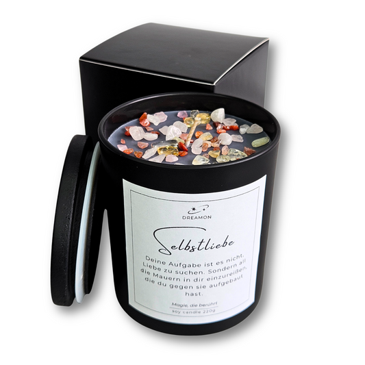 Handgemachte Intuitionskerze „Selbstliebe“ von DreamOn im schwarzen Glas mit Deckel, Rosenquarz, Citrin und Karneol, 220g Sojawachs.