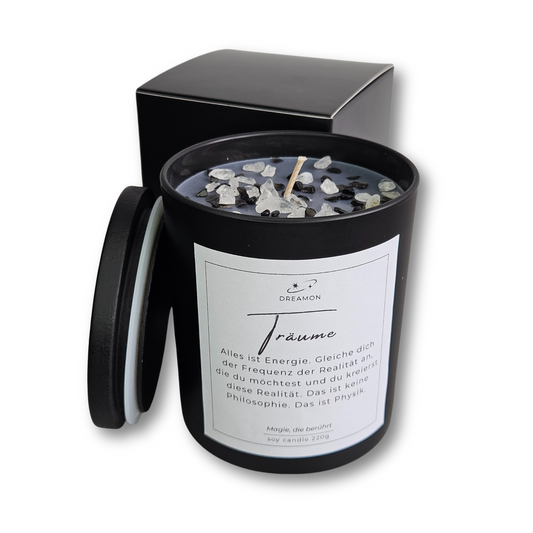 Handgemachte Intuitionskerze „Träume“ von DreamOn im schwarzen Glas mit Deckel, schwarzer Obsidian und weißem Quarz, 220g Sojawachs.