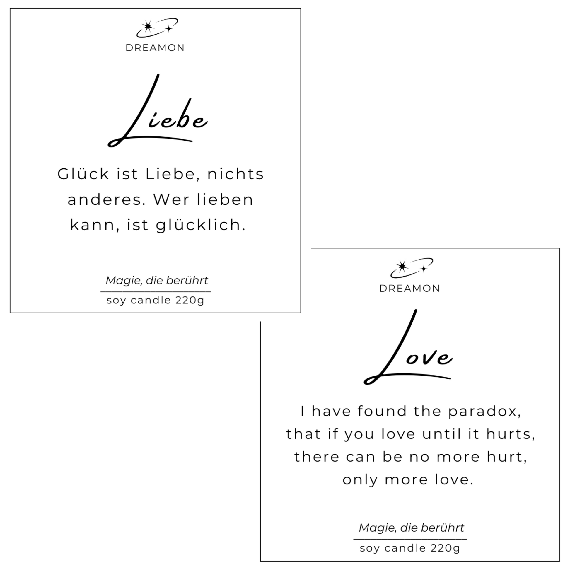 Etiketten der Intuitionskerze „Liebe / Love“ mit inspirierenden Zitaten auf Deutsch und Englisch, 220g Sojawachs.