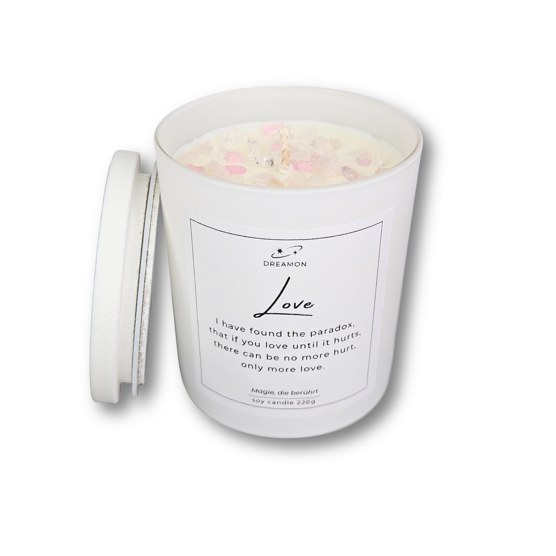 Intuitionskerze „Love“ im weißen Glas mit Deckel, dekoriert mit Rosenquarz und weißem Quarz, 220g Sojawachs.