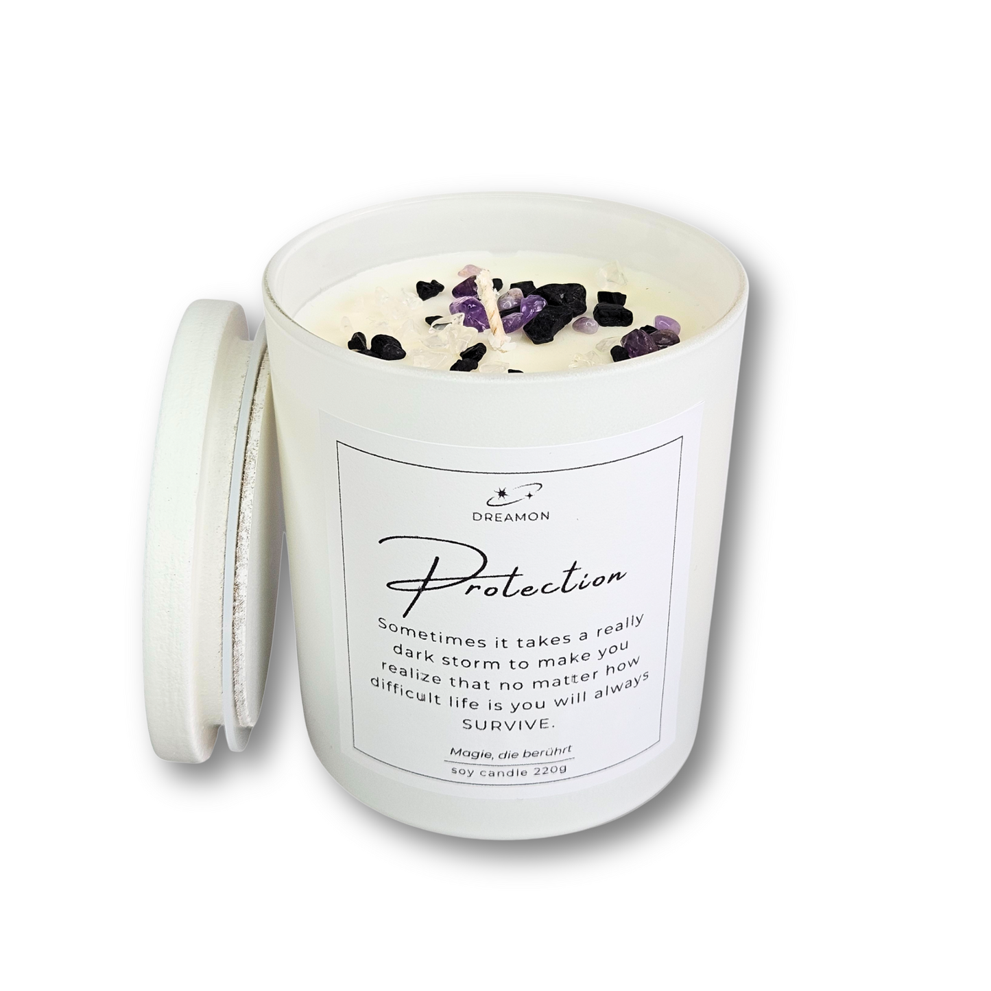 Intuitionskerze „Protection" im weißen Glas mit Deckel, dekoriert mit Amethyst, schwarzem Turmalin und weißem Quarz, 220g Sojawachs.