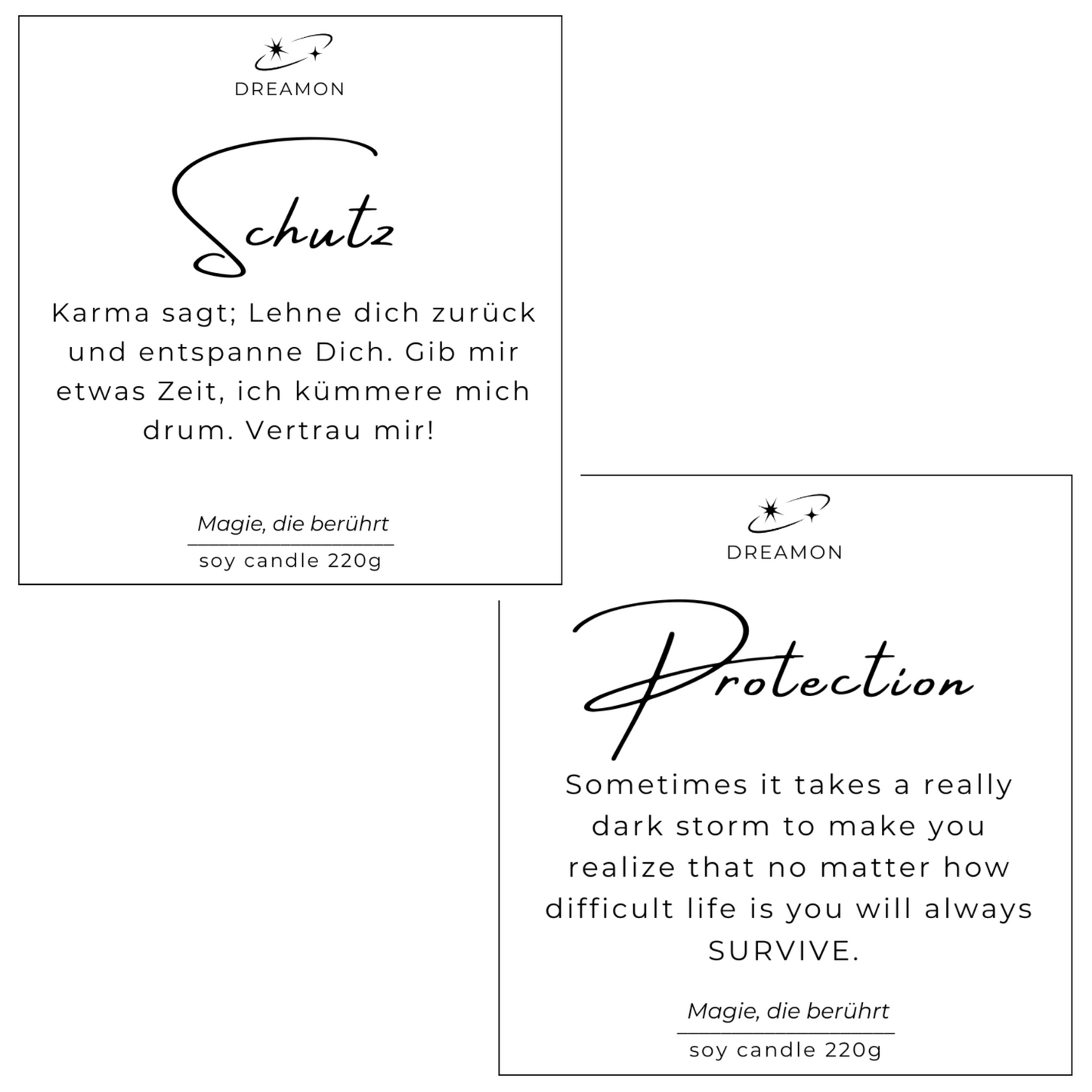 Etiketten der Intuitionskerze „Schutz / Protection“ mit inspirierenden Zitaten auf Deutsch und Englisch, 220g Sojawachs.