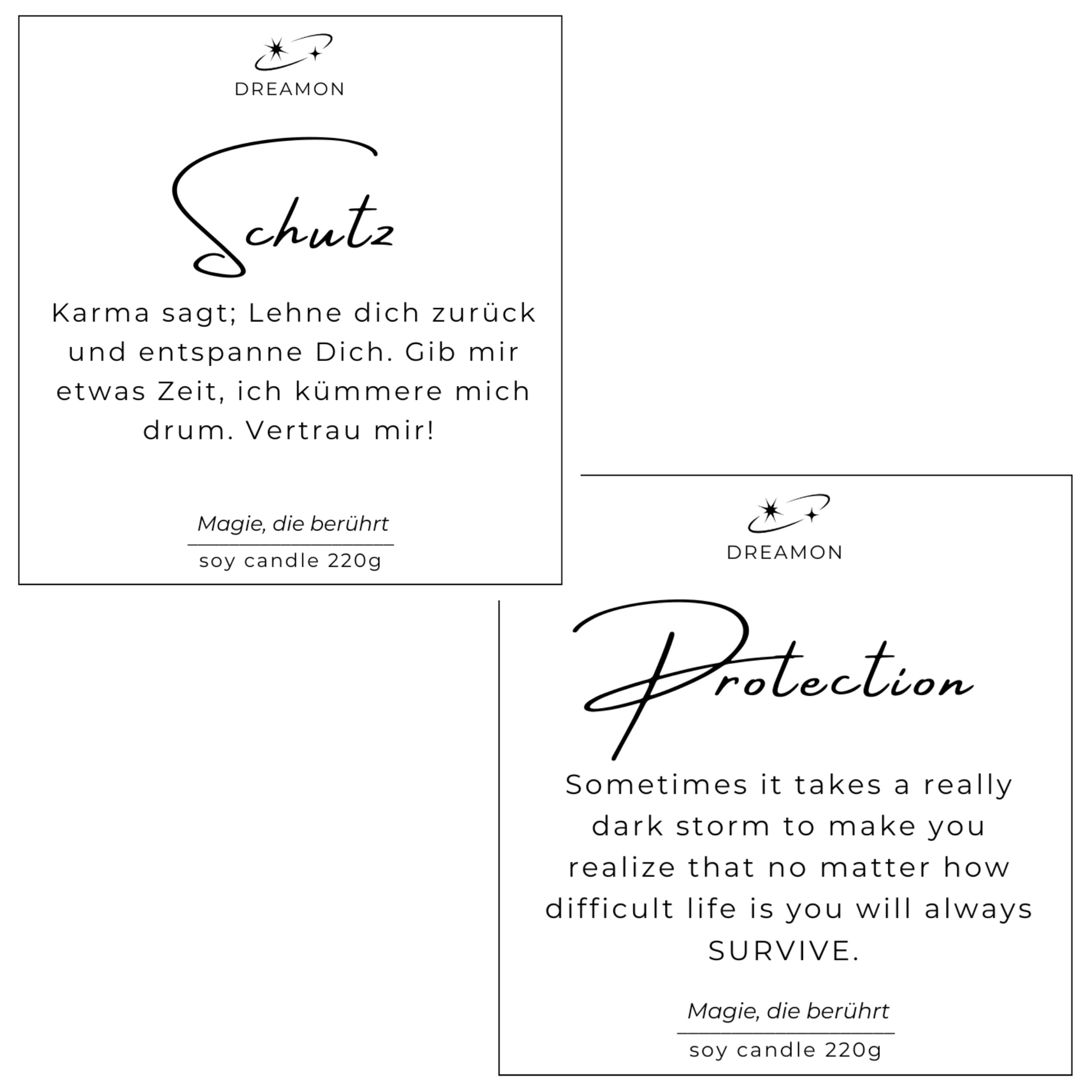 Etiketten der Intuitionskerze „Schutz / Protection“ mit inspirierenden Zitaten auf Deutsch und Englisch, 220g Sojawachs.
