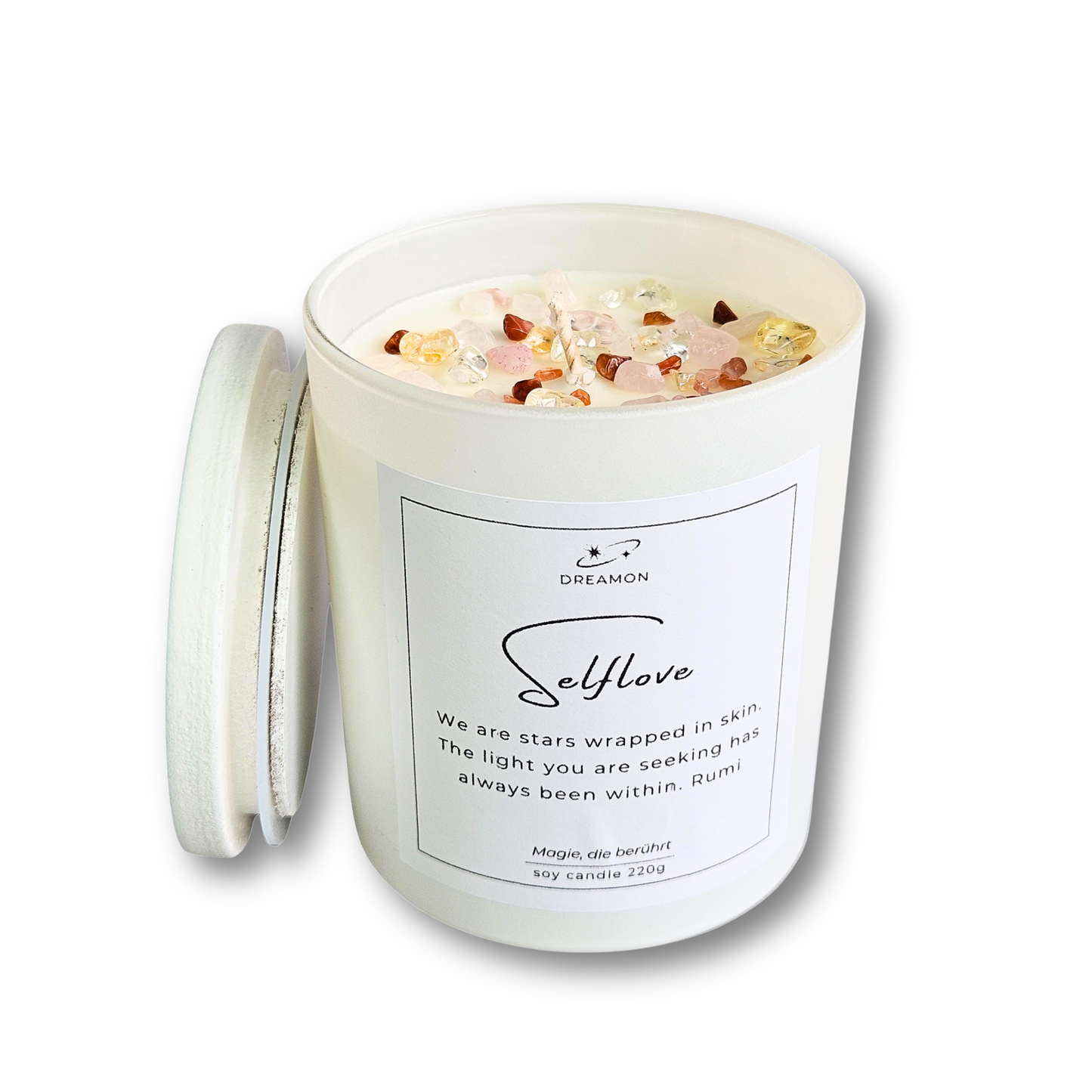 Intuitionskerze „Selflove“ im weißen Glas mit Deckel, dekoriert mit Rosenquarz, Citrin und Karneol, 220g Sojawachs.