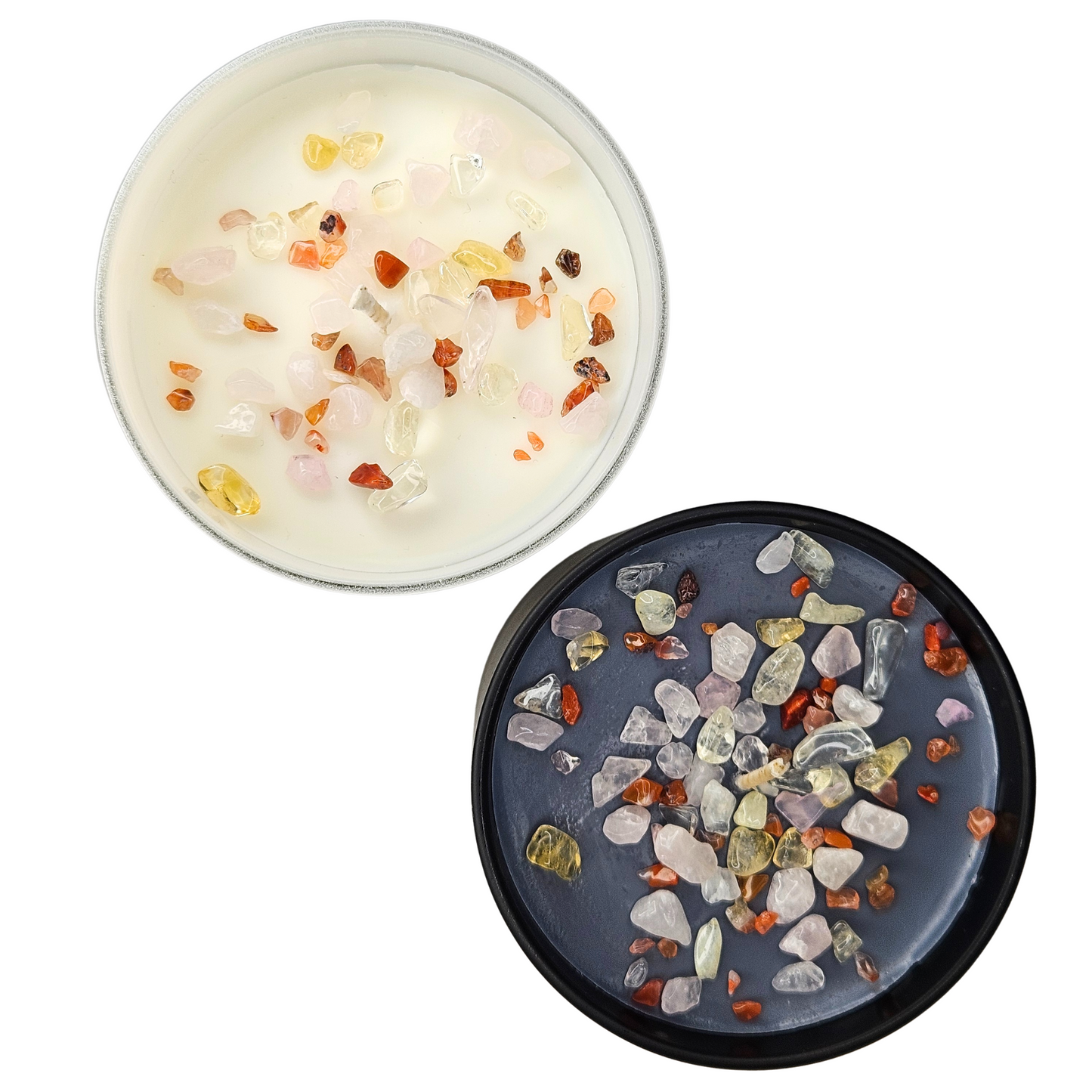 Obere Ansicht der Intuitionskerze „Selbstliebe“ in Schwarz und Weiß, dekoriert mit Rosenquarz, Citrin und Karneol, 220 g Sojawachs.