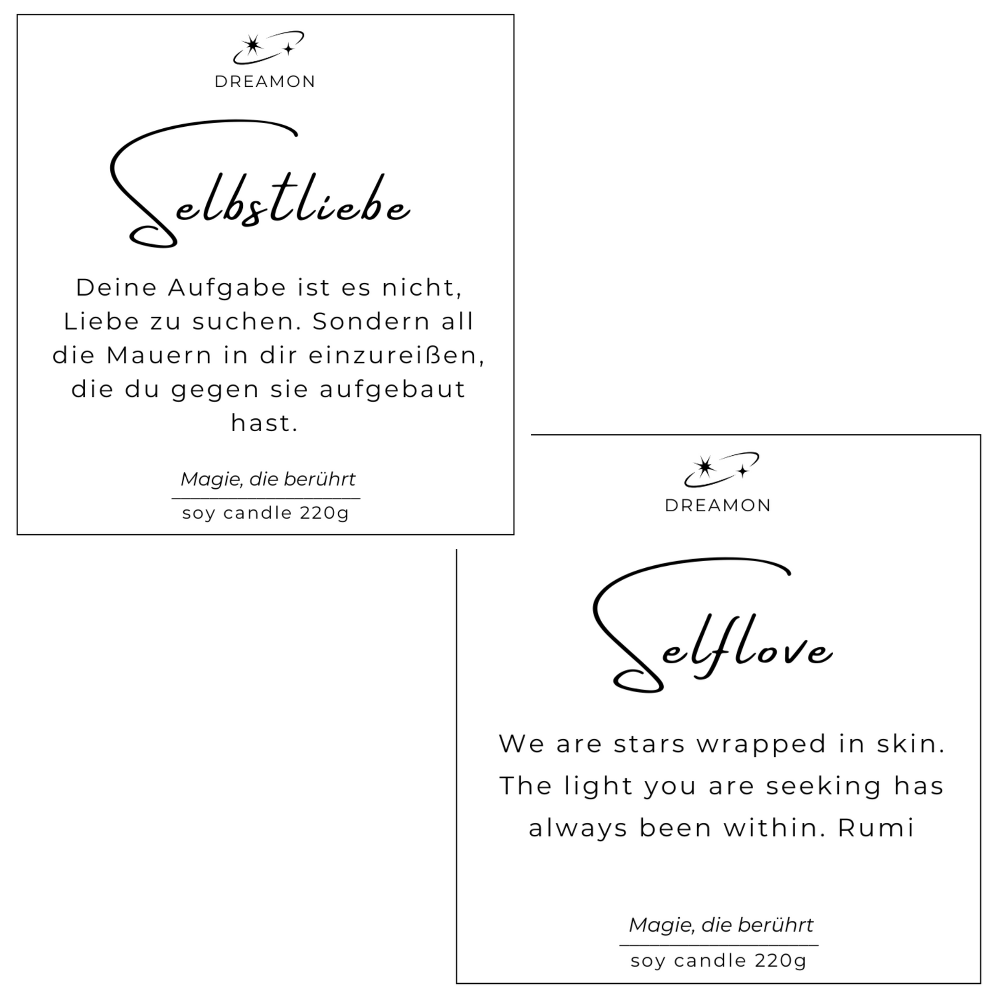 Etiketten der Intuitionskerze „Selbstliebe / Selflove“ mit inspirierenden Zitaten auf Deutsch und Englisch, 220g Sojawachs