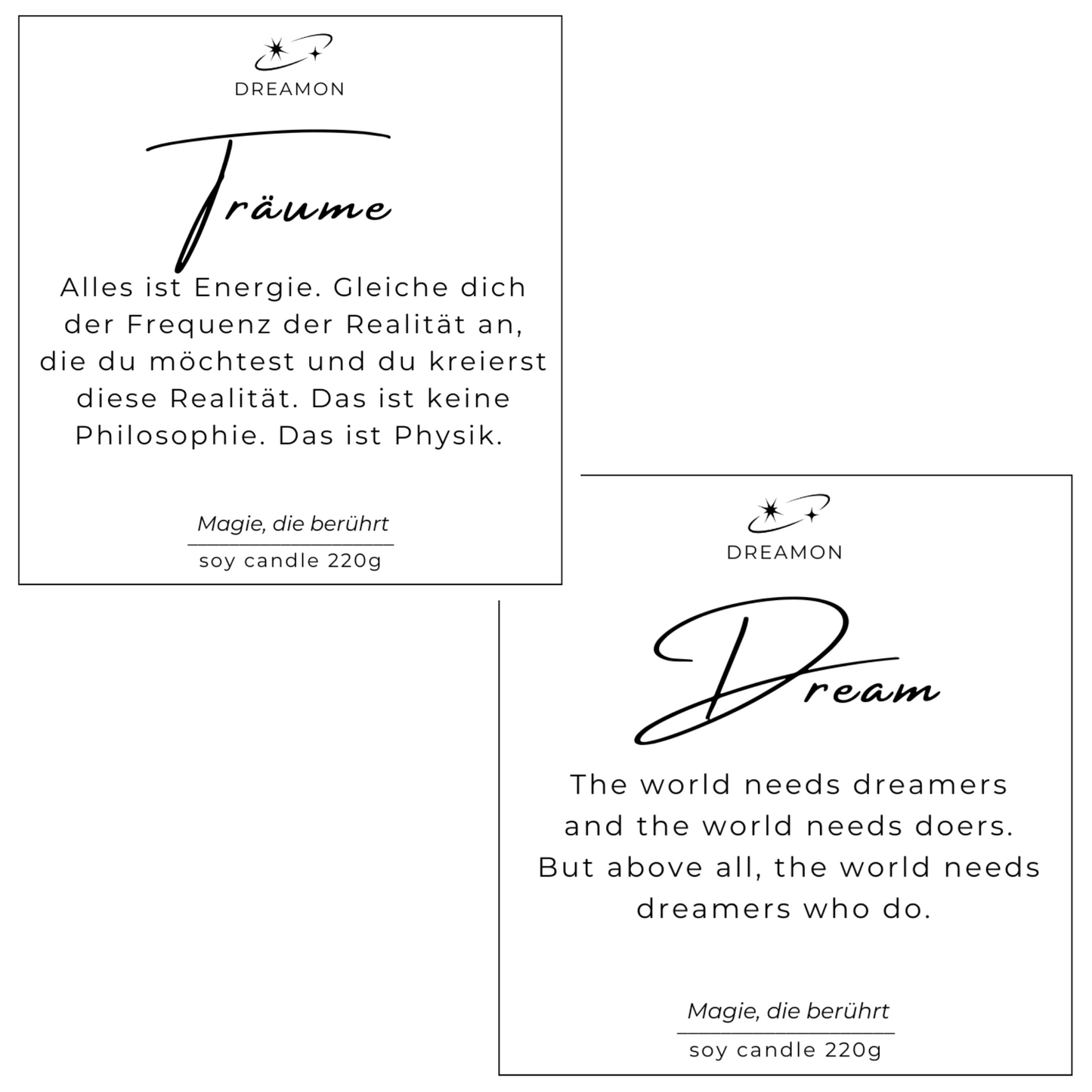 Etiketten der Intuitionskerze „Träume / Dreams“ mit inspirierenden Zitaten auf Deutsch und Englisch, 220g Sojawachs.