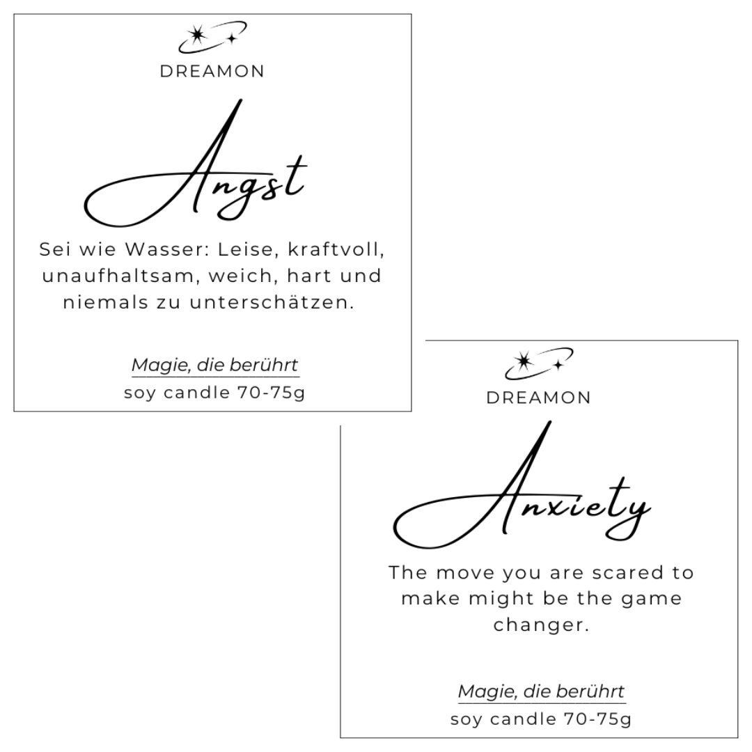 Etiketten der Intuitionskerze klein „Angst / Anxiety“ mit inspirierenden Zitaten auf Deutsch und Englisch, Sojawachs, handgegossen mit Edelsteinen.