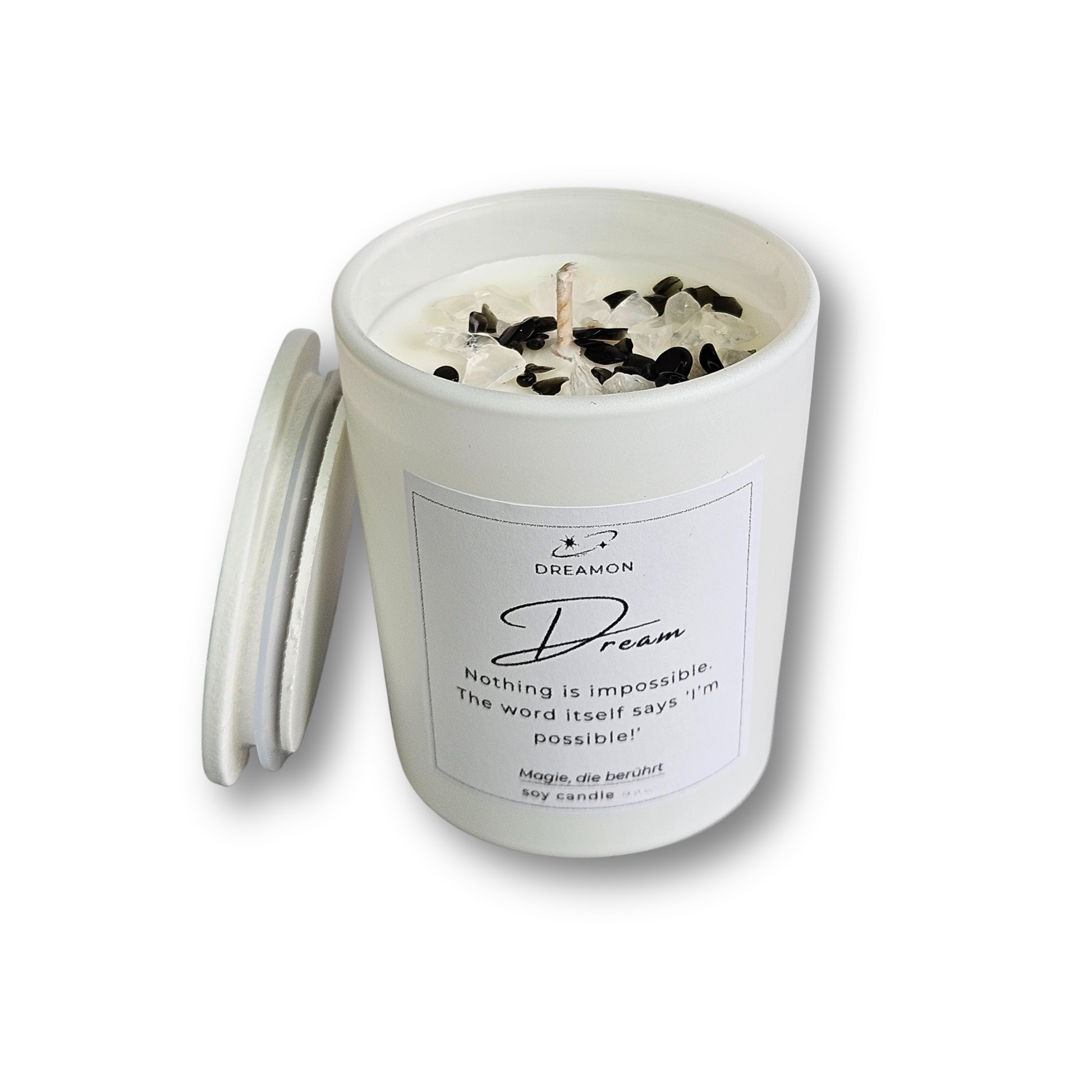 Intuitionskerze „Träume“ im weißen Glas mit Holzdeckel, dekoriert mit Weißem Quarz und Schwarzem Obsidian, Sojawachs, geliefert in Geschenkbox.