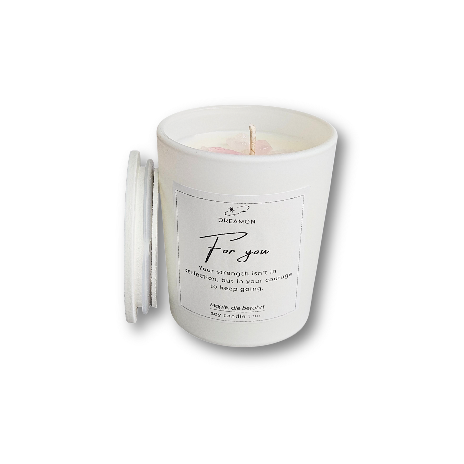Intuitionskerze „For you“ im weißen Glas mit Holzdeckel, dekoriert mit Rosenquarz, und Weißem Quarz, Sojawachs, geliefert in Geschenkbox.