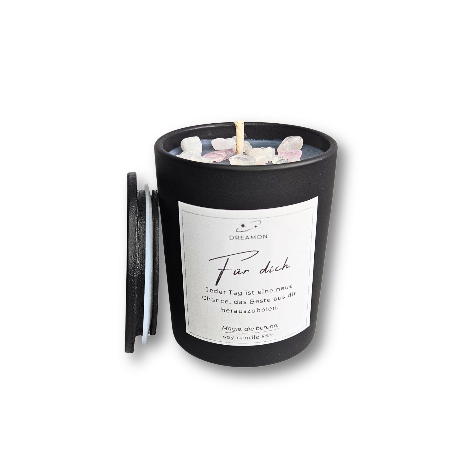 Intuitionskerze klein „Für dich“ im schwarzen Glas mit Holzdeckel, Edelsteinen (Rosenquarz, Weißer Quarz) und wählbarem Zitatetikett (Deutsch oder Englisch).