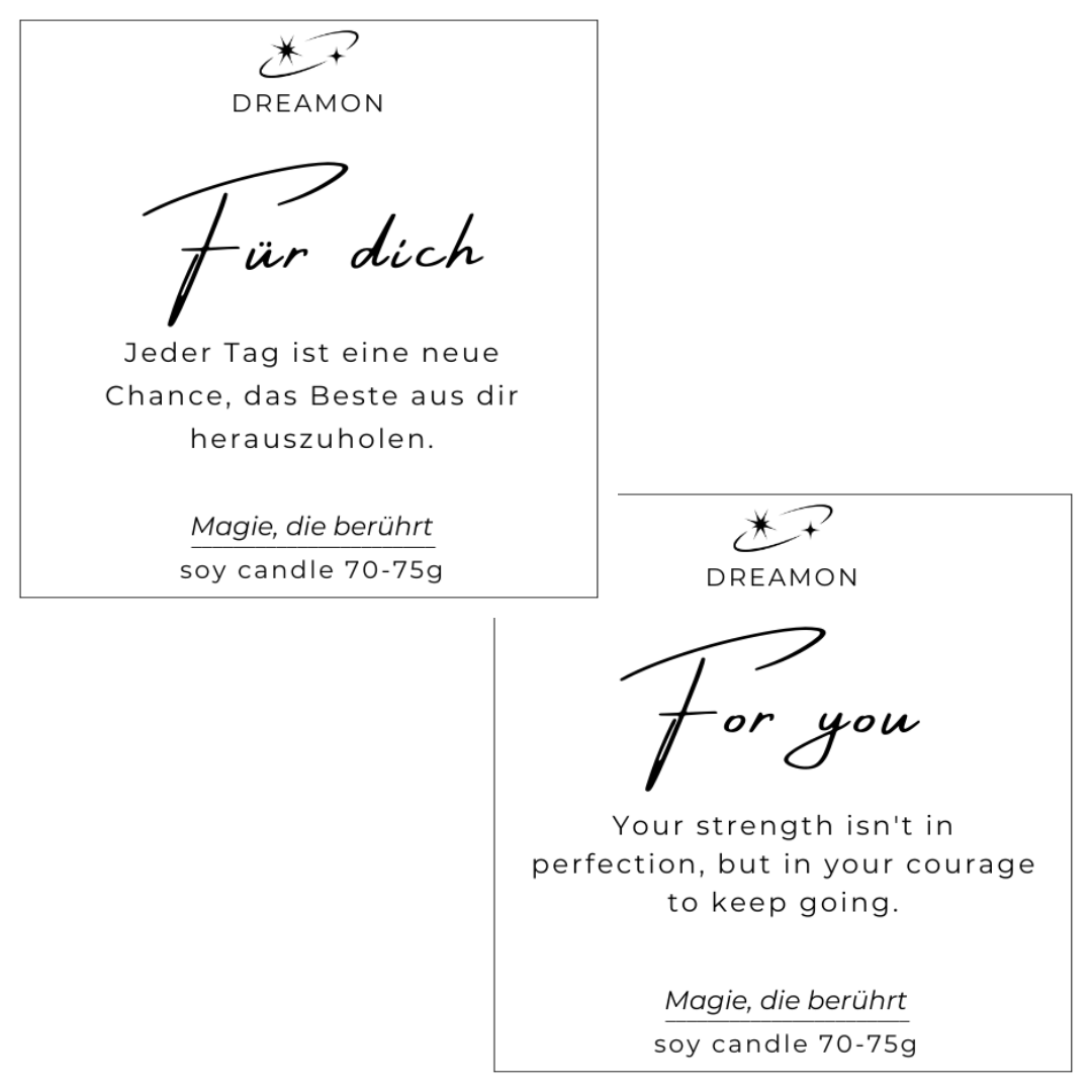 Etiketten der Intuitionskerze klein „Für dich / For you“ mit inspirierenden Zitaten auf Deutsch und Englisch, Sojawachs, handgegossen mit Edelsteinen.