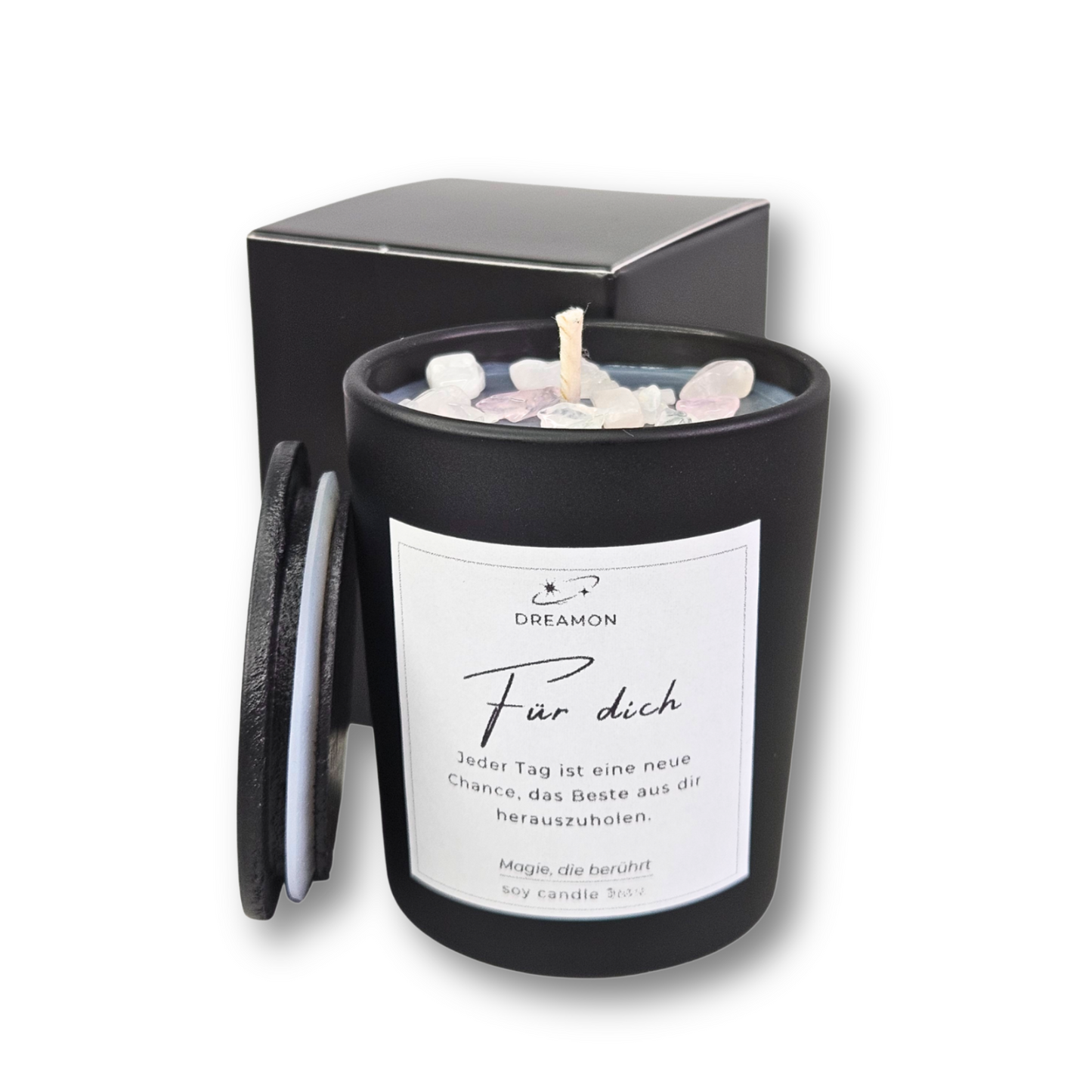 Handgemachte Intuitionskerze klein „Für dich“ von DreamOn im schwarzen Glas mit Holzdeckel, Rosenquarz und Weißem Quarz, Sojawachs, geliefert in Geschenkbox.