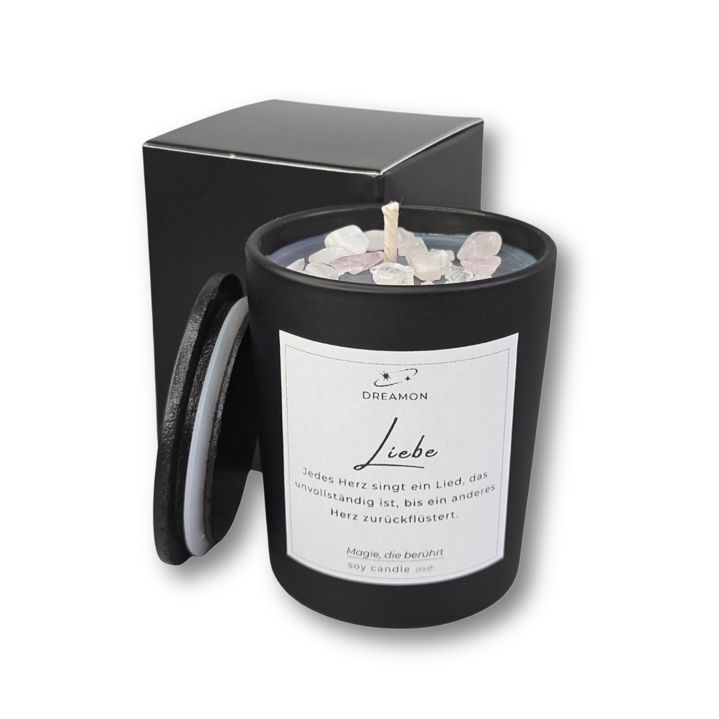 Handgemachte Intuitionskerze klein „Liebe“ von DreamOn im schwarzen Glas mit Holzdeckel, Rosenquarz und Weißem Quarz, Sojawachs, geliefert in Geschenkbox.