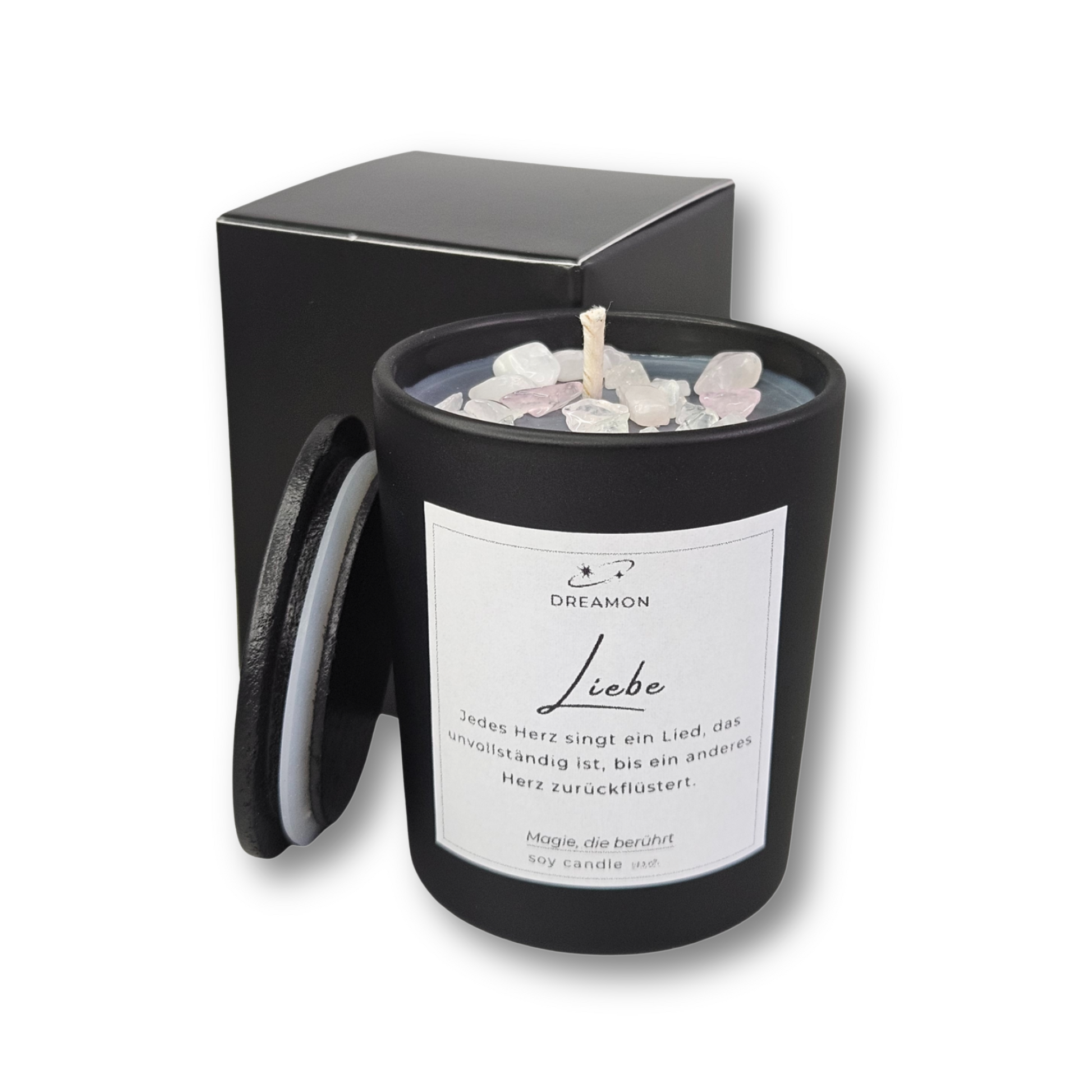 Handgemachte Intuitionskerze klein „Liebe“ von DreamOn im schwarzen Glas mit Holzdeckel, Rosenquarz und Weißem Quarz, Sojawachs, geliefert in Geschenkbox.
