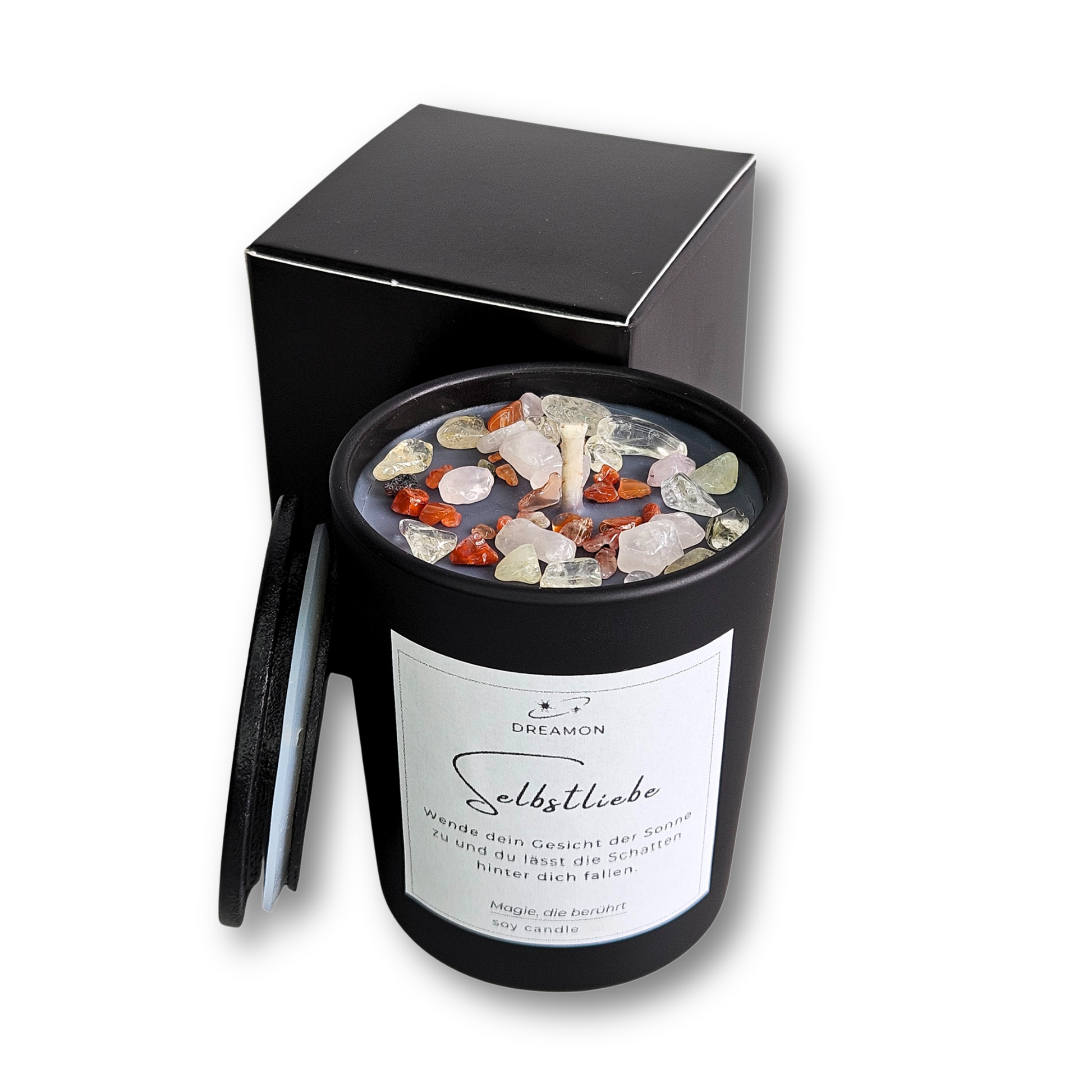 Handgemachte Intuitionskerze klein „Selbstliebe“ von DreamOn im schwarzen Glas mit Edelsteinen und Zitat