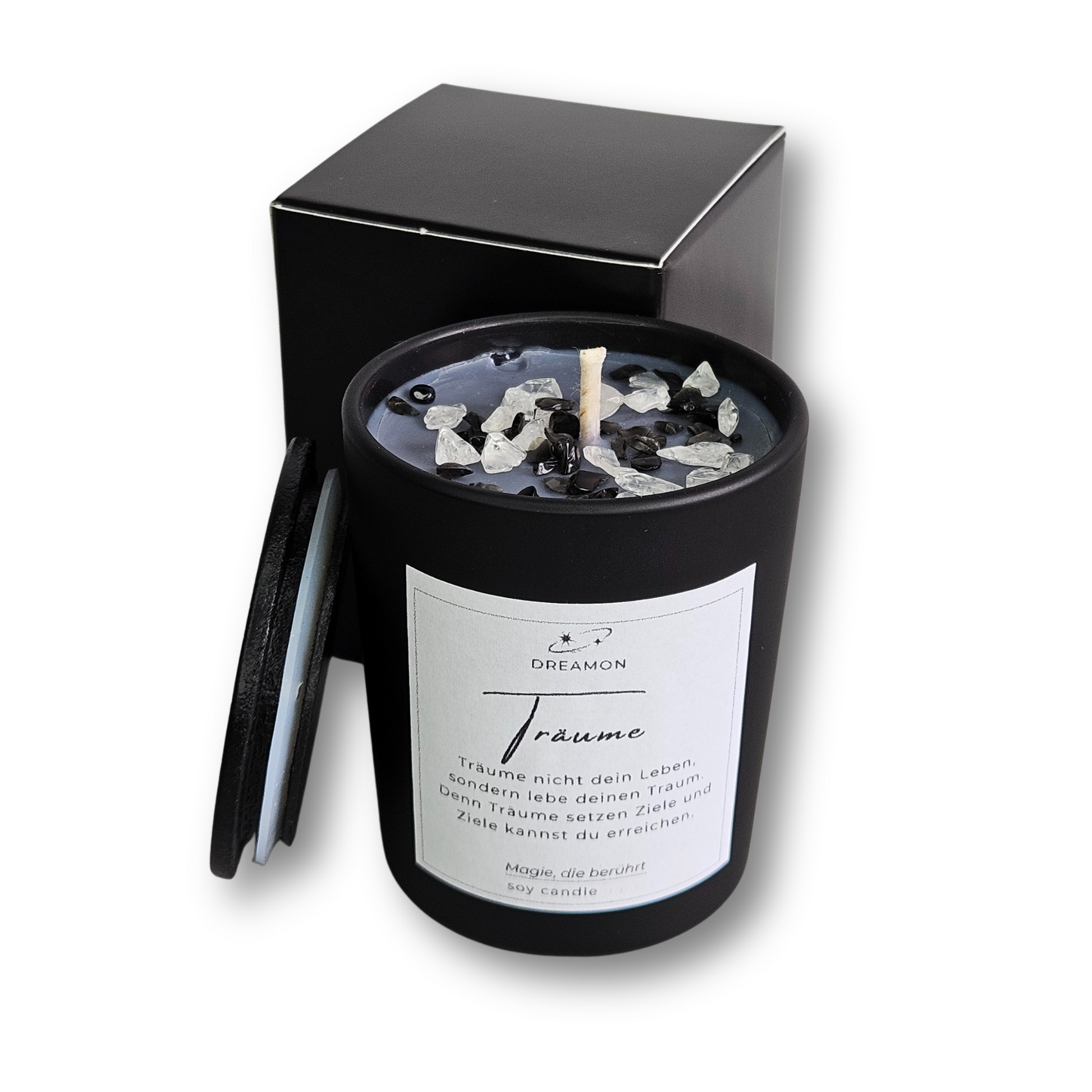 Handgemachte Intuitionskerze klein „Träume“ von DreamOn im schwarzen Glas mit Holzdeckel, Weißer Quarz und Schwarzer Obsidian, Sojawachs, geliefert in Geschenkbox.