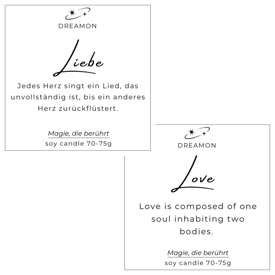 Etiketten der Intuitionskerze klein „Liebe / Love“ mit inspirierenden Zitaten auf Deutsch und Englisch, Sojawachs, handgegossen mit Edelsteinen.