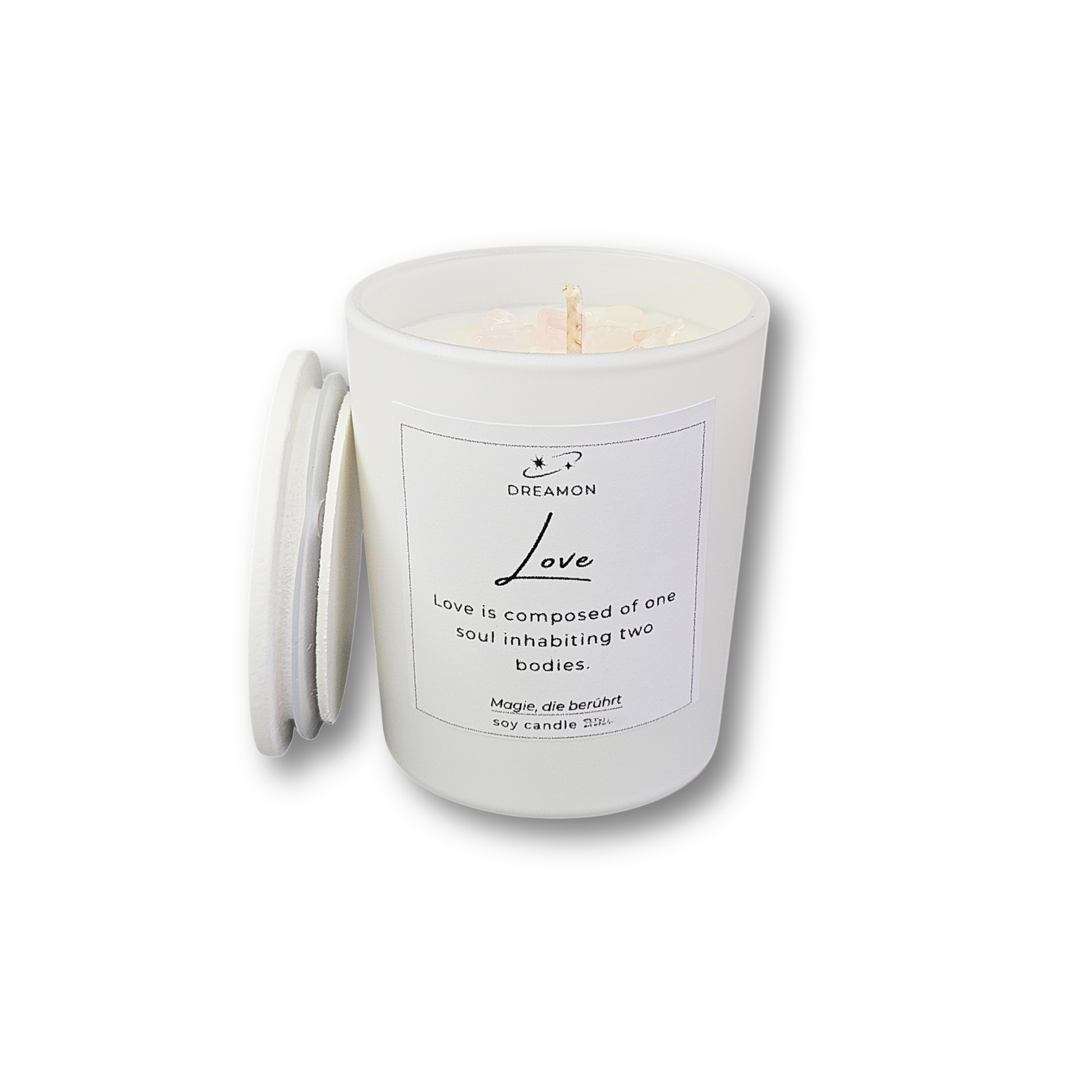 Intuitionskerze „Liebe“ im weißen Glas mit Holzdeckel, dekoriert mit Rosenquarz, und Weißem Quarz, Sojawachs, geliefert in Geschenkbox.