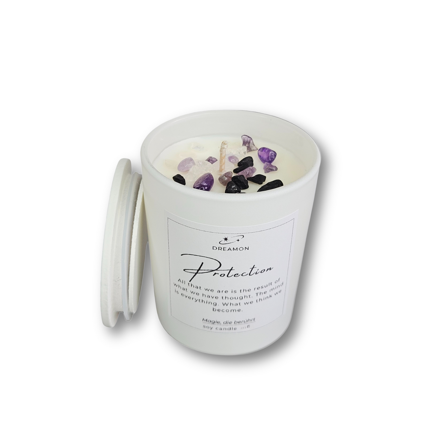 Intuitionskerze „Schutz“ im weißen Glas mit Holzdeckel, dekoriert mit schwarzem Turmalin, Amethyst und Weißem Quarz, Sojawachs, geliefert in Geschenkbox.
