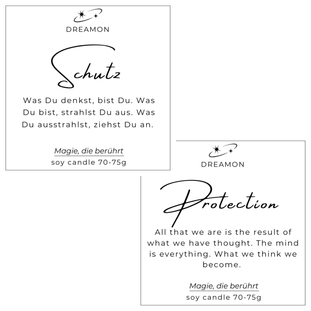 Etiketten der Intuitionskerze klein „Schutz / Protection“ mit inspirierenden Zitaten auf Deutsch und Englisch, Sojawachs, handgegossen mit Edelsteinen.