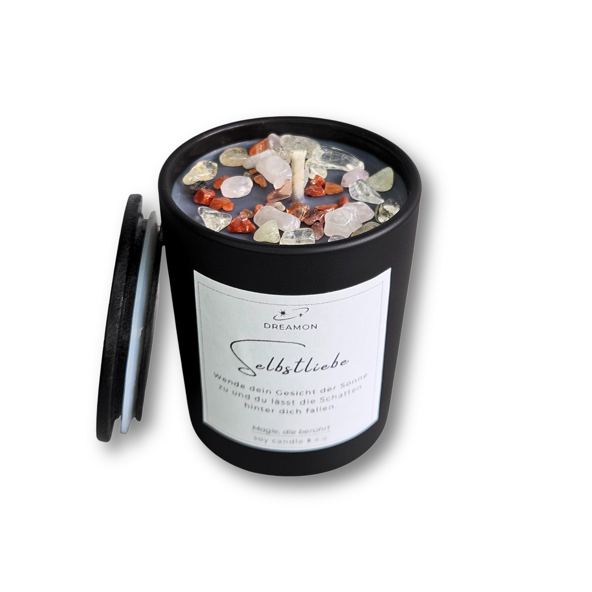 Intuitionskerze klein „Selbstliebe“ im schwarzen Glas mit Holzdeckel, Edelsteinen (Rosenquarz, Citrin, Karneol) und wählbarem Zitatetikett (Deutsch oder Englisch).