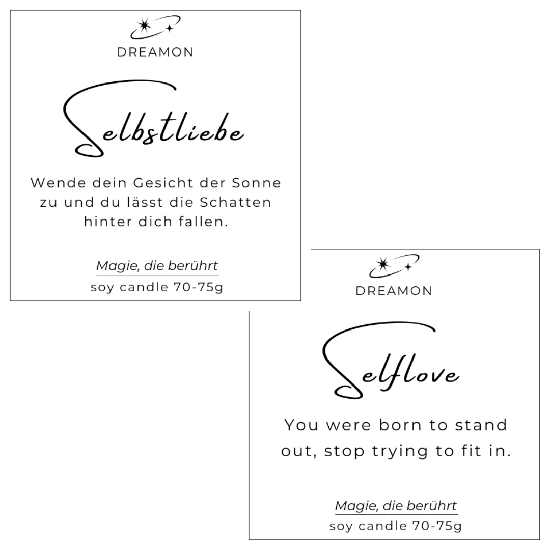 Etiketten der Intuitionskerze klein „Selbstliebe / Selflove“ mit inspirierenden Zitaten auf Deutsch und Englisch, Sojawachs, handgegossen mit Edelsteinen.