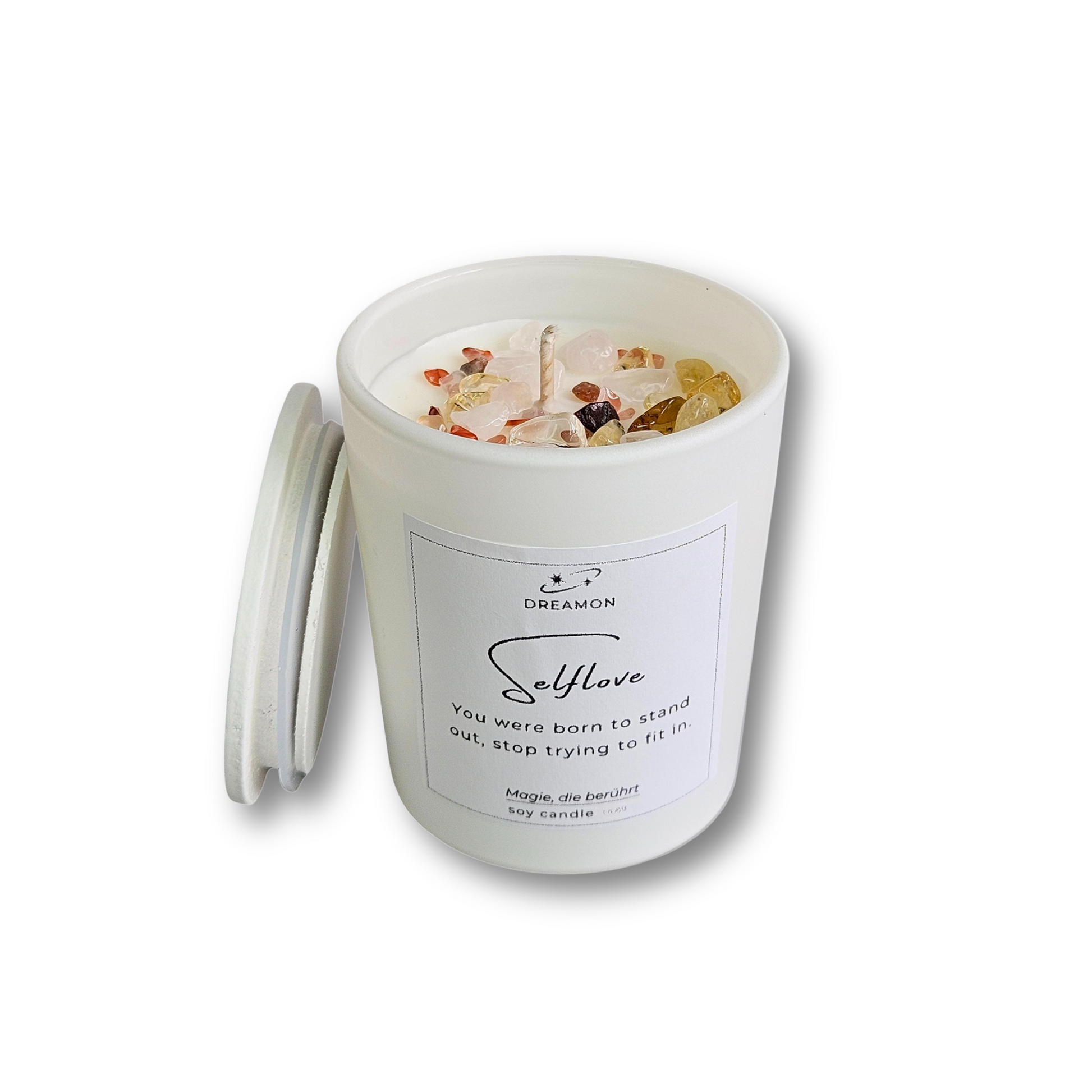 Intuitionskerze „Selbstliebe“ im weißen Glas mit Holzdeckel, dekoriert mit Rosenquarz, Citrin und Karneol, Sojawachs, geliefert in Geschenkbox.