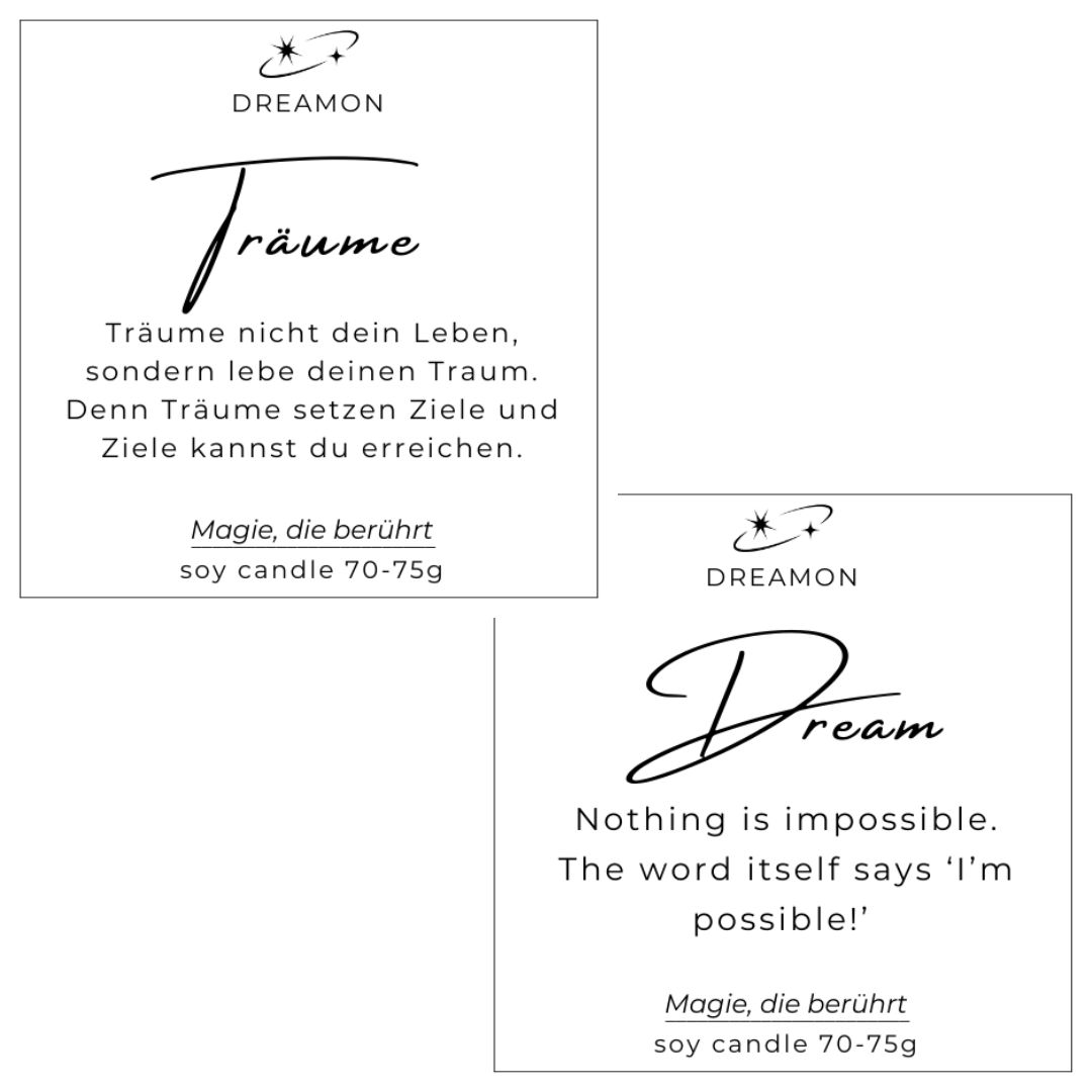 Etiketten der Intuitionskerze klein „Träume / Dreams“ mit inspirierenden Zitaten auf Deutsch und Englisch, Sojawachs, handgegossen mit Edelsteinen.