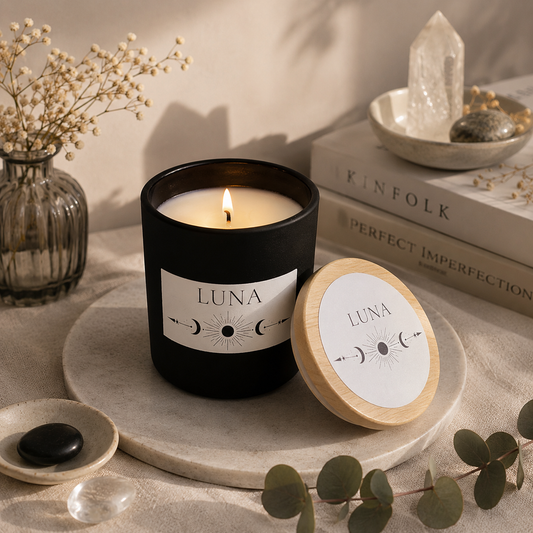 Eine brennende mattschwarze Duftkerze „LUNA“ im Glas auf einer hellen Marmorplatte mit daneben gelehntem Holzdeckel, stilvoll dekoriert mit Büchern und einer Vase.