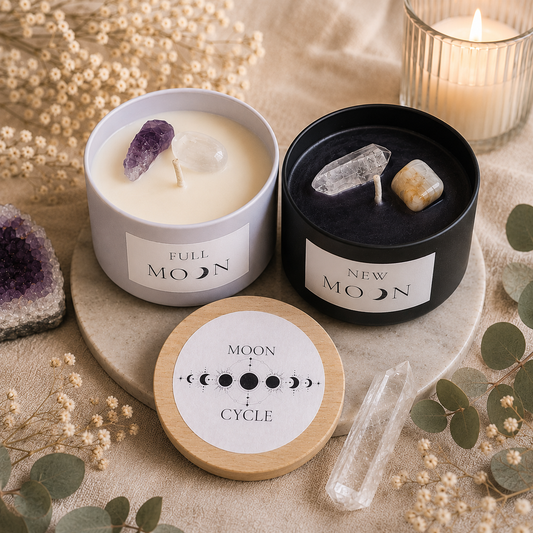 Das Moon Cycle Kerzen-Set mit einer geöffneten weißen Metalldose „Full Moon“ und einer geöffneten schwarzen Metalldose „New Moon“ auf einer Marmorplatte, dekoriert mit Natursteinen, Eukalyptusblättern und einer brennenden Kerze im Hintergrund.