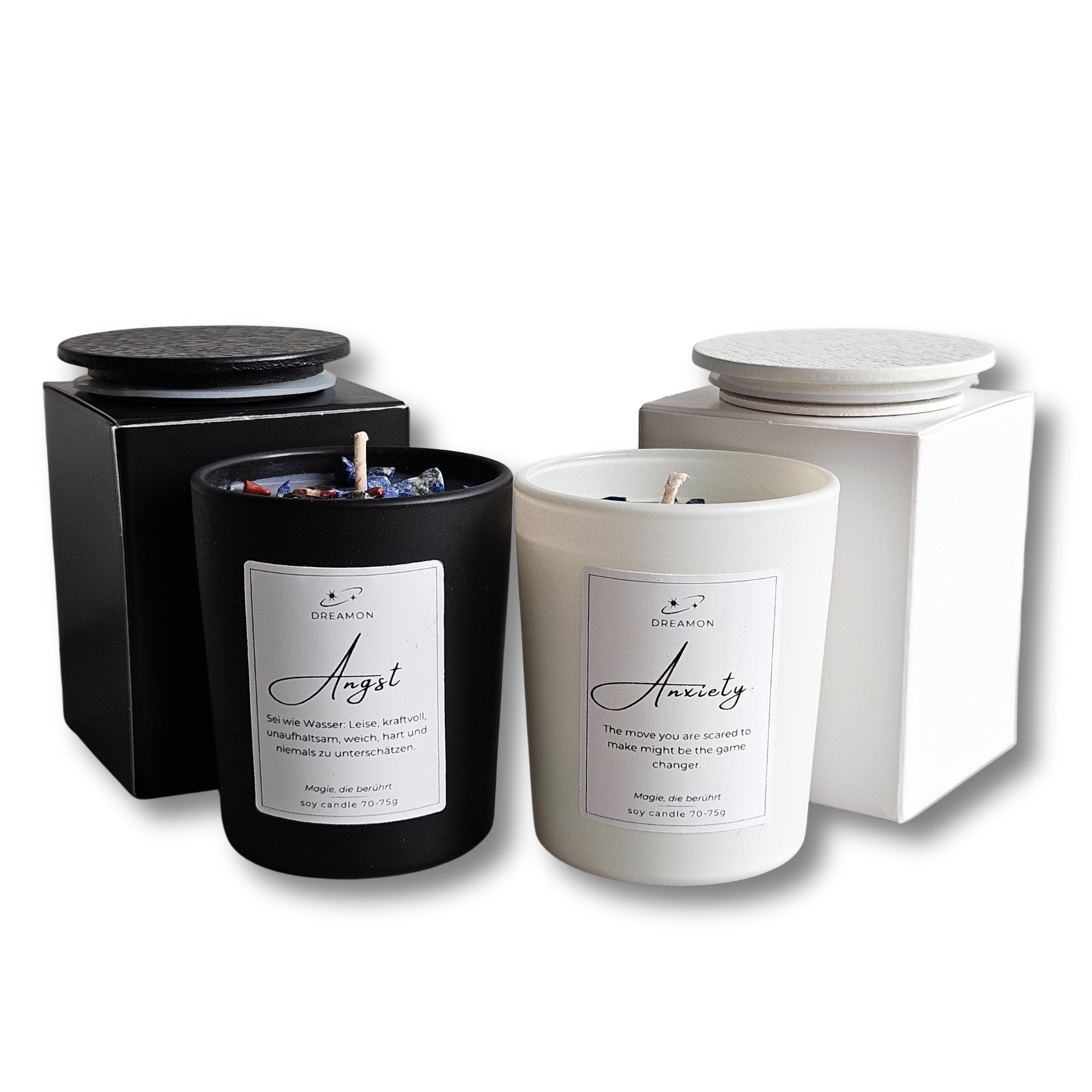 Zitat Duftkerze „Angst“ in Schwarz und Weiß, mit Deckel und Verpackung