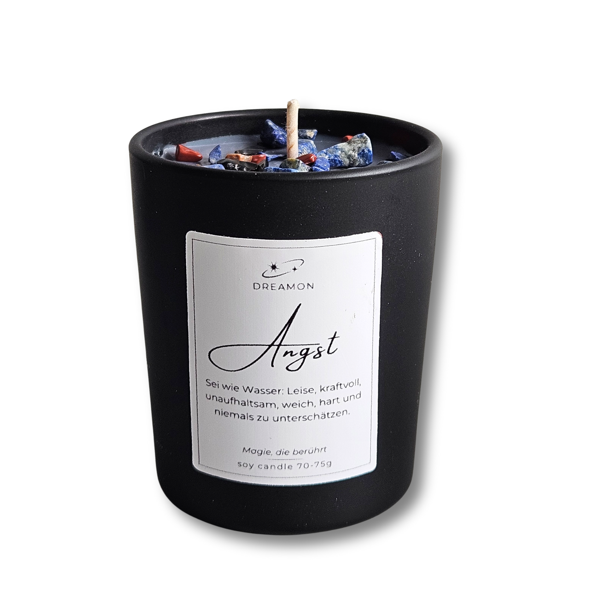 Duftkerze Zitat „Angst“ im schwarzen Glas mit Edelsteinen (schwarzer Obsidian, Lapislazuli, roter Jaspis) 