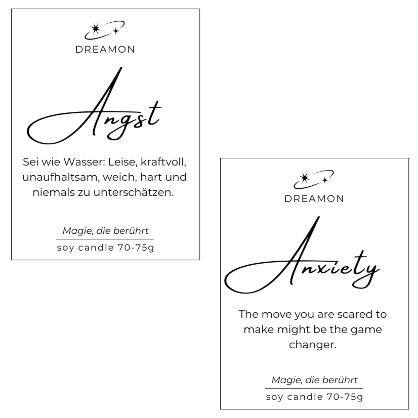 Etiketten der Duftkerze mit Zitat „Angst / Anxiety“ mit inspirierenden Zitaten auf Deutsch und Englisch, Sojawachs, handgegossen mit Edelsteinen.
