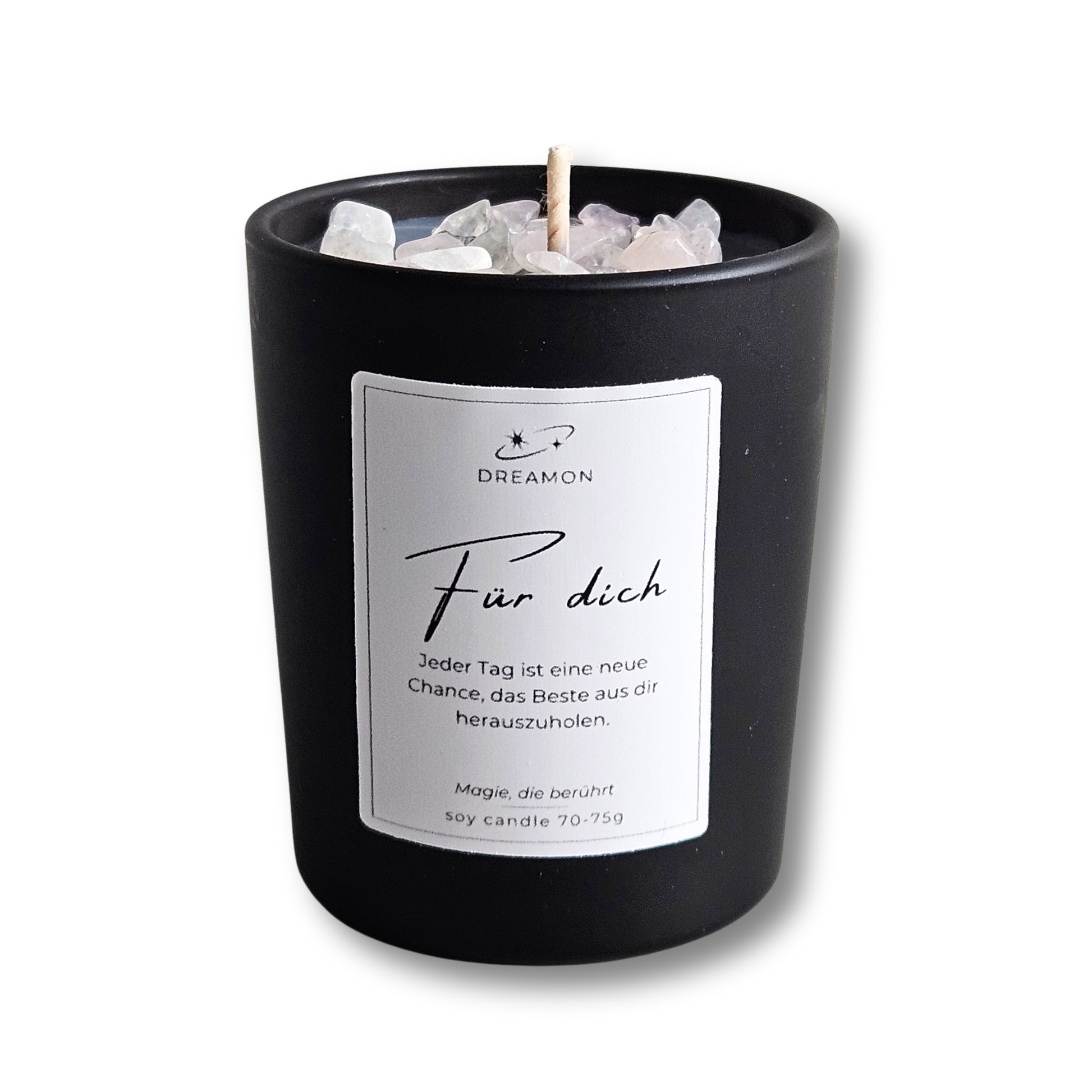 Duftkerze Zitat „Für dich“ im schwarzen Glas mit Holzdeckel, Edelsteinen (Rosenquarz, Weißer Quarz) und wählbarem Zitatetikett (Deutsch oder Englisch).