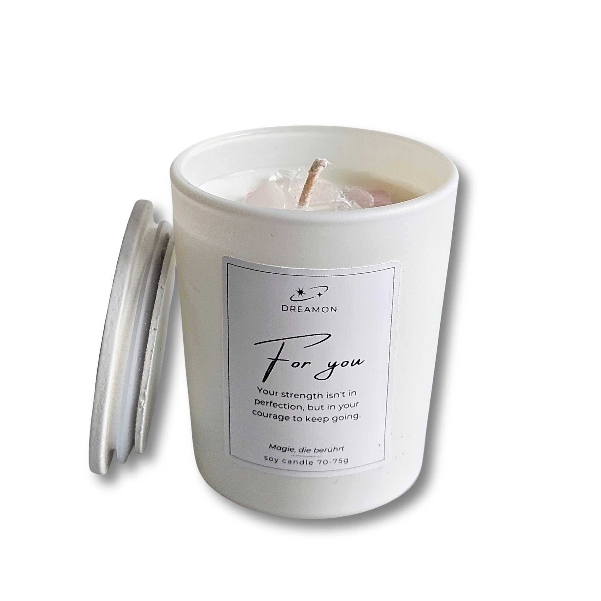 Duftkerze  Zitat „For you“ im weißen Glas mit Holzdeckel, dekoriert mit Rosenquarz, und Weißem Quarz, Sojawachs, geliefert in Geschenkbox.
