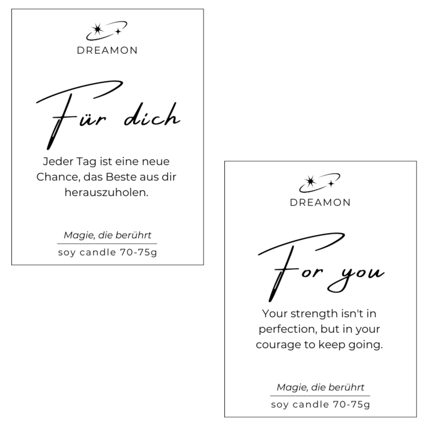 Etiketten der Duftkerze Zitat „Für dich / For you“ mit inspirierenden Zitaten auf Deutsch und Englisch, Sojawachs, handgegossen mit Edelsteinen.