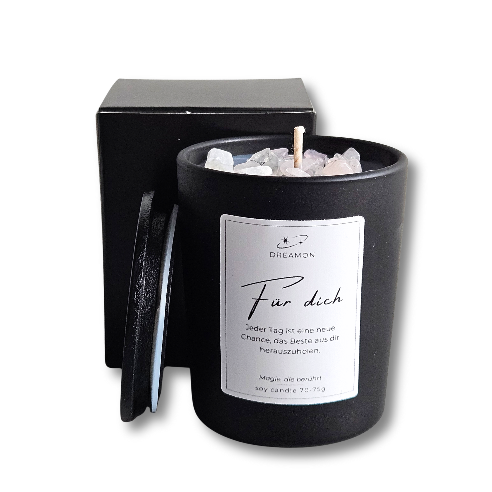 Handgemachte Duftkerze Zitat „Für dich“ von DreamOn im schwarzen Glas mit Holzdeckel, Rosenquarz und Weißem Quarz, Sojawachs, geliefert in Geschenkbox.
