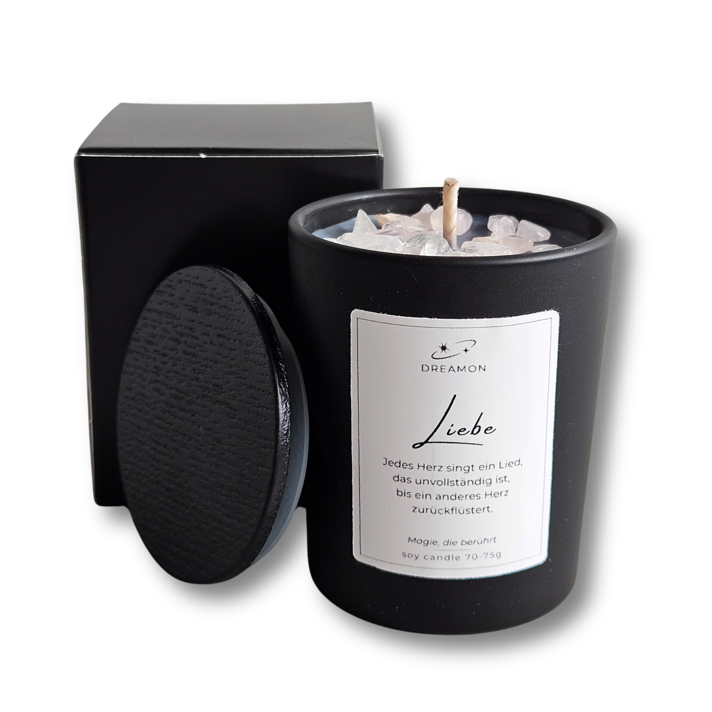 Handgemachte Duftkerze mit Zitat „Liebe“ von DreamOn im schwarzen Glas mit Holzdeckel, Rosenquarz und Weißem Quarz, Sojawachs, geliefert in Geschenkbox.