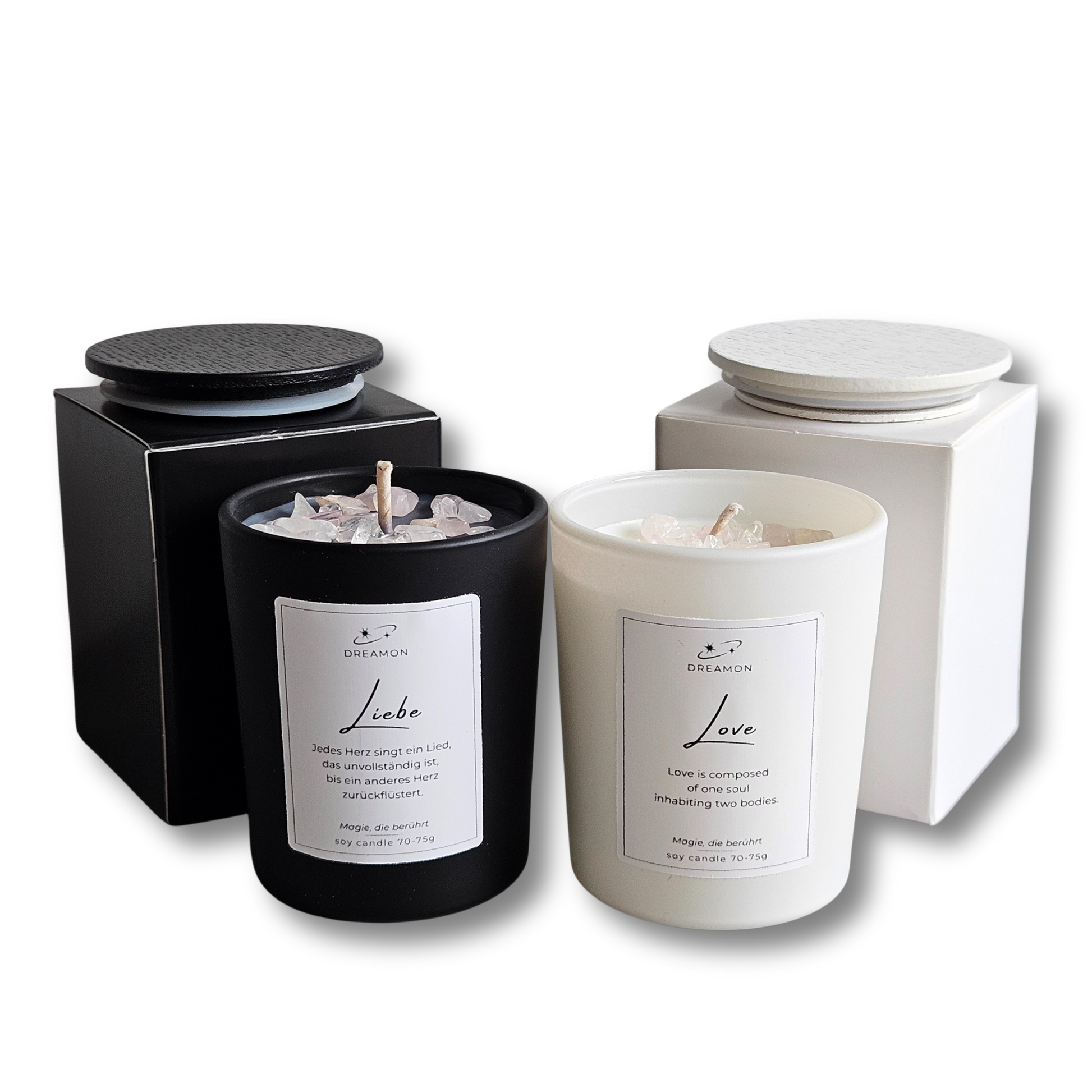 Duftkerze Zitat "Liebe" schwarz oder weiss mit Holzdeckel. Wird in einer Geschenkbox geliefert
