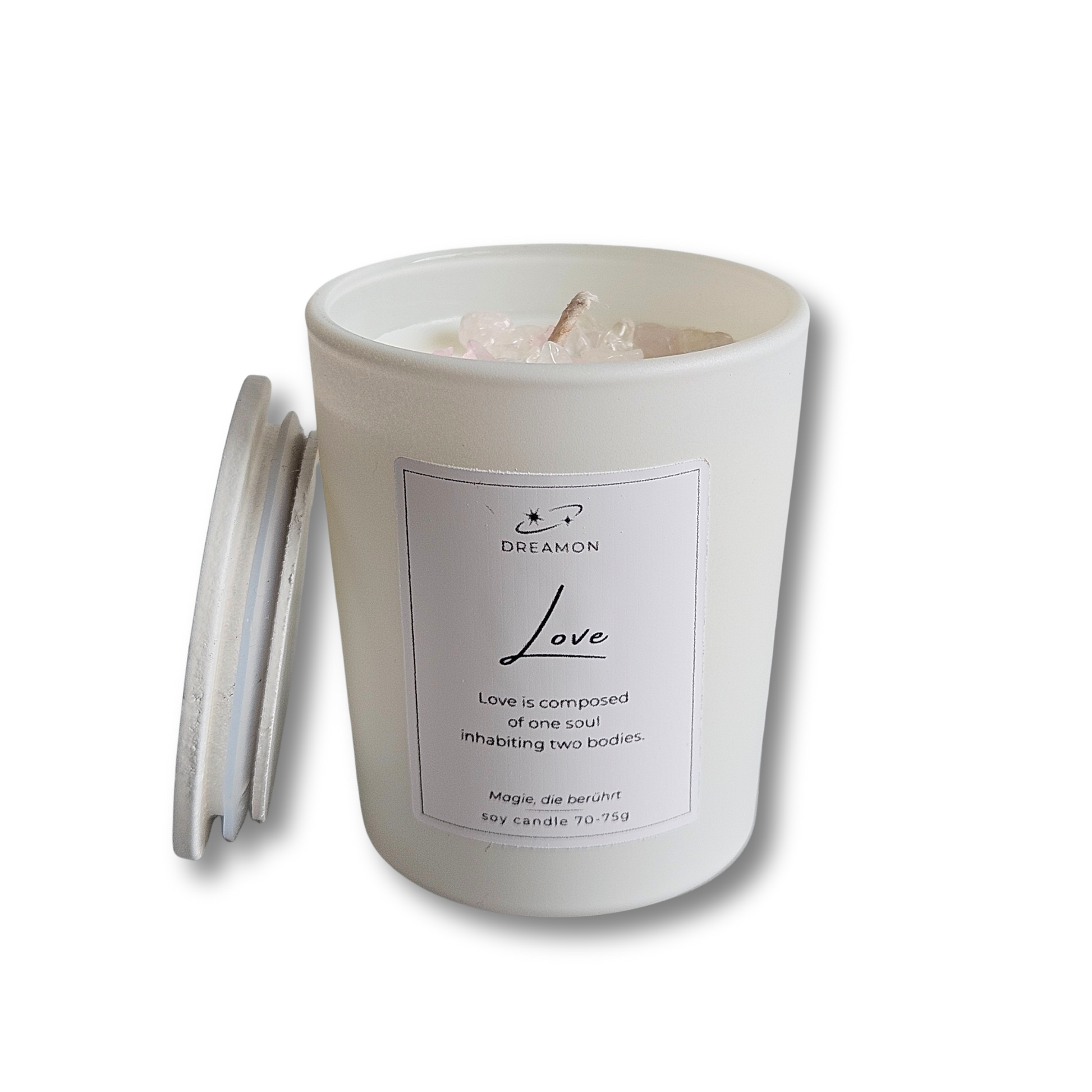 Duftkerze mit Zitat „Liebe“ im weißen Glas mit Holzdeckel, dekoriert mit Rosenquarz, und Weißem Quarz, Sojawachs, geliefert in Geschenkbox.