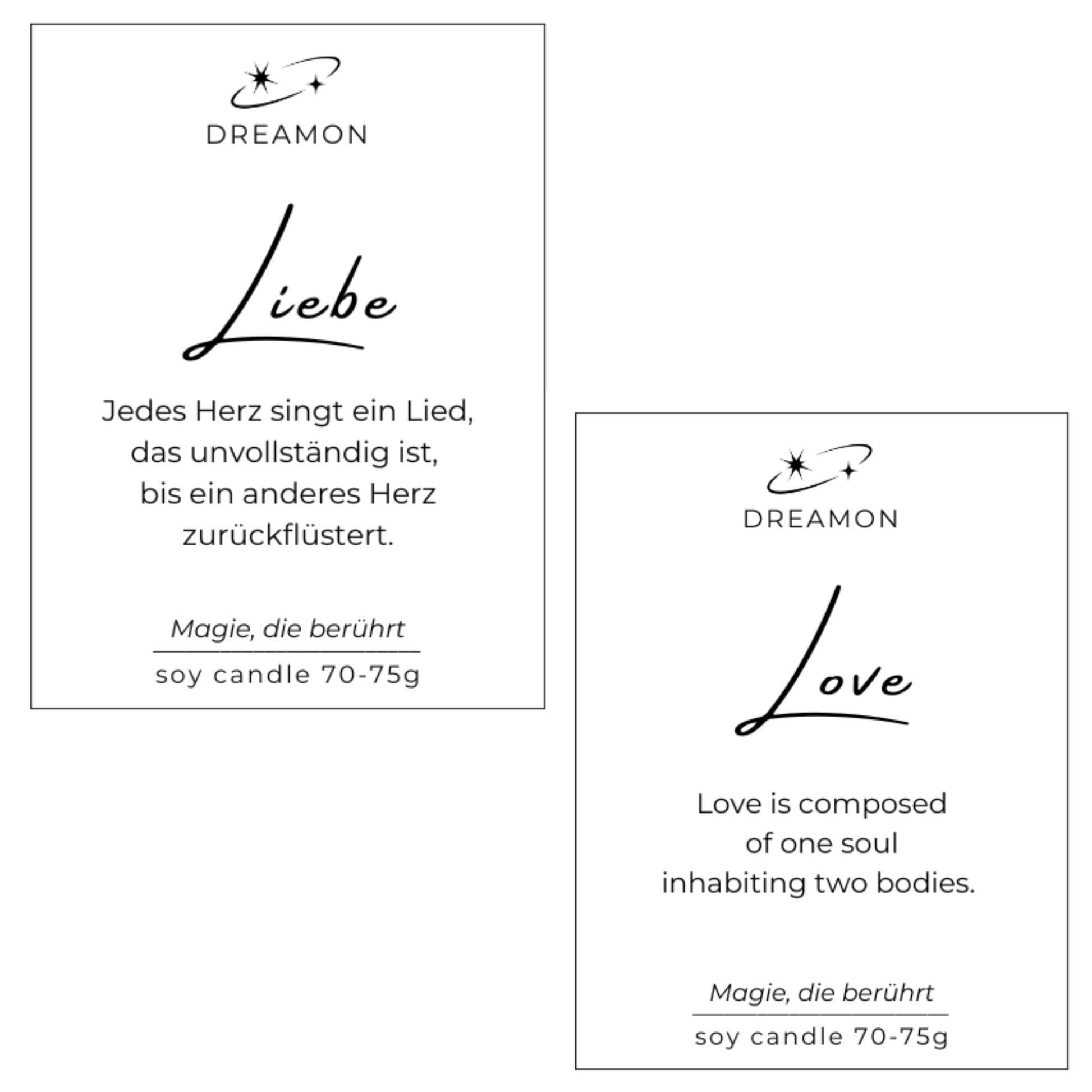 Etiketten der Duftkerze mit Zitat „Liebe / Love“ mit inspirierenden Zitaten auf Deutsch und Englisch, Sojawachs, handgegossen mit Edelsteinen.