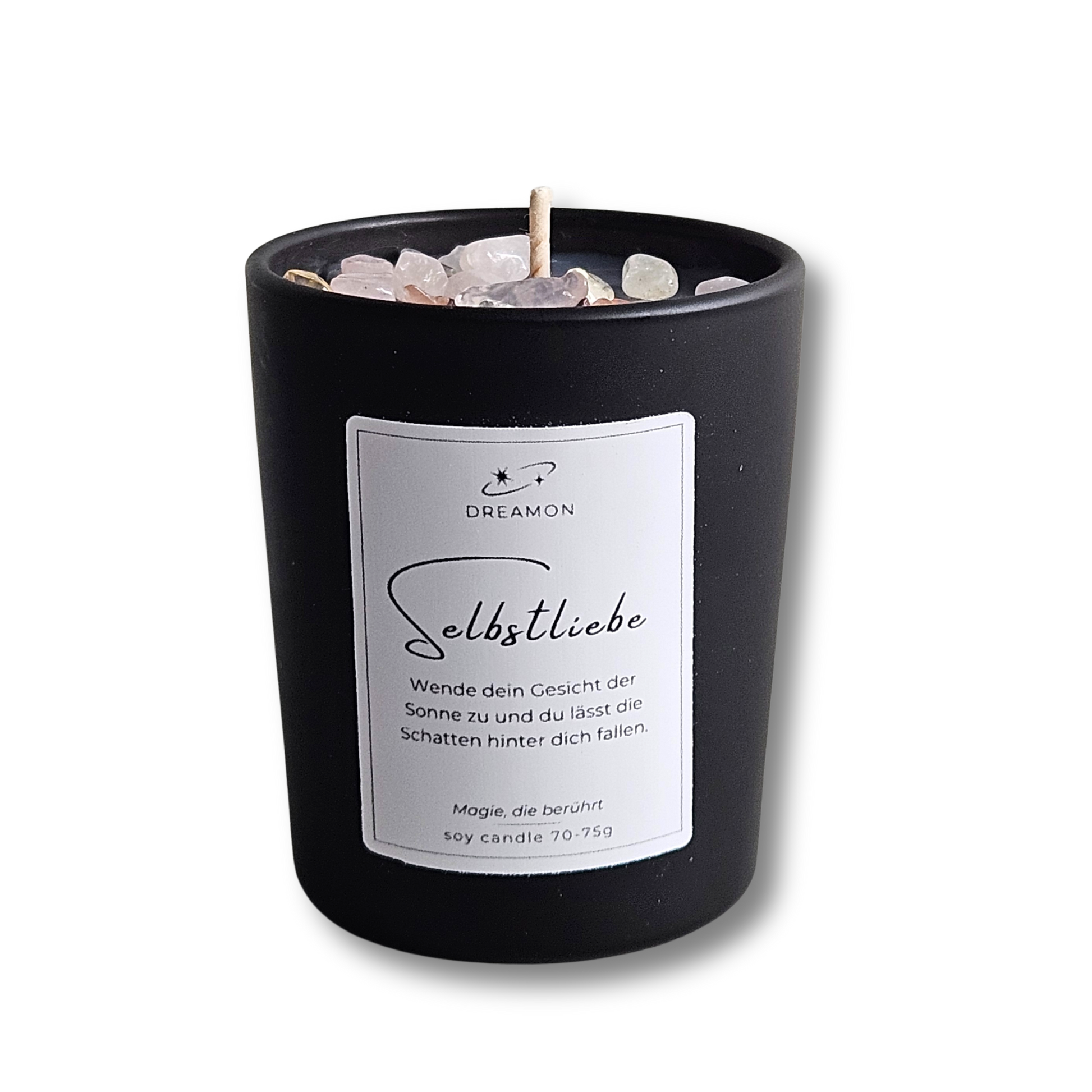 Duftkerze mit Zitat „Selbstliebe“ im schwarzen Glas mit Holzdeckel, Edelsteinen (Rosenquarz, Citrin, Karneol) und wählbarem Zitatetikett (Deutsch oder Englisch).