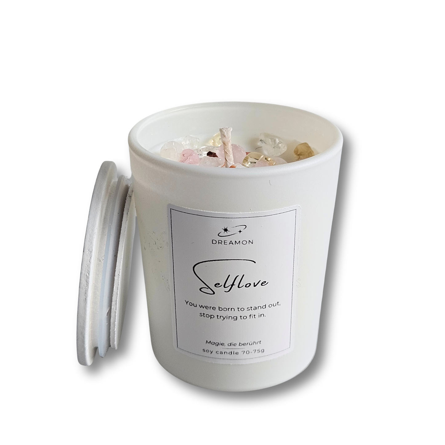 Duftkerze mit Zitat „Selbstliebe“ im weißen Glas mit Holzdeckel, dekoriert mit Rosenquarz, Citrin und Karneol, Sojawachs, geliefert in Geschenkbox.