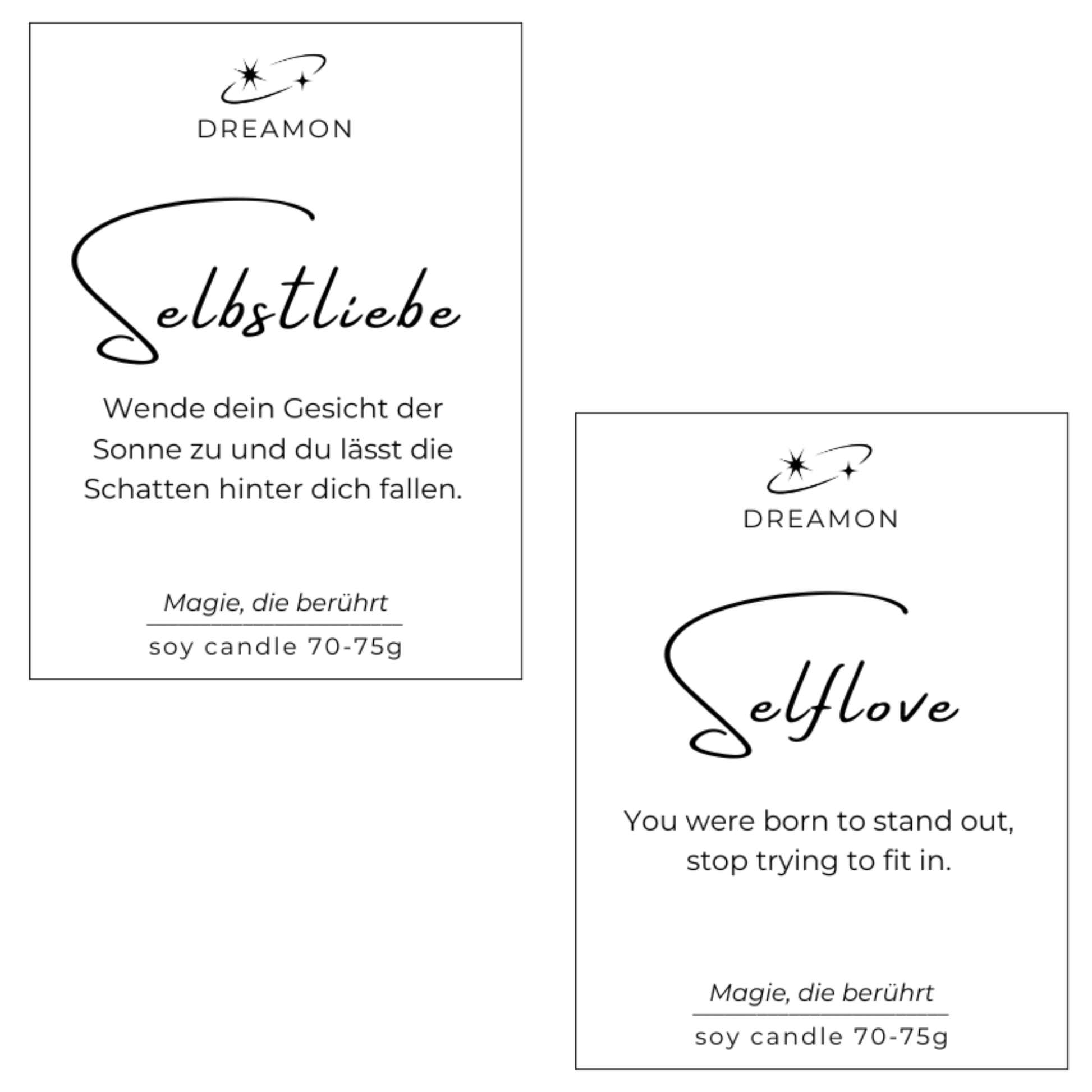 Etiketten der Duftkerze mit Zitat„Selbstliebe / Selflove“ mit inspirierenden Zitaten auf Deutsch und Englisch, Sojawachs, handgegossen mit Edelsteinen.