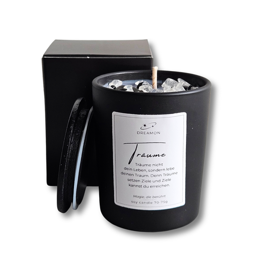 Handgemachte Duftkerze mit Zitat „Träume“ von DreamOn im schwarzen Glas mit Holzdeckel, Weißer Quarz und Schwarzer Obsidian, Sojawachs, geliefert in Geschenkbox.